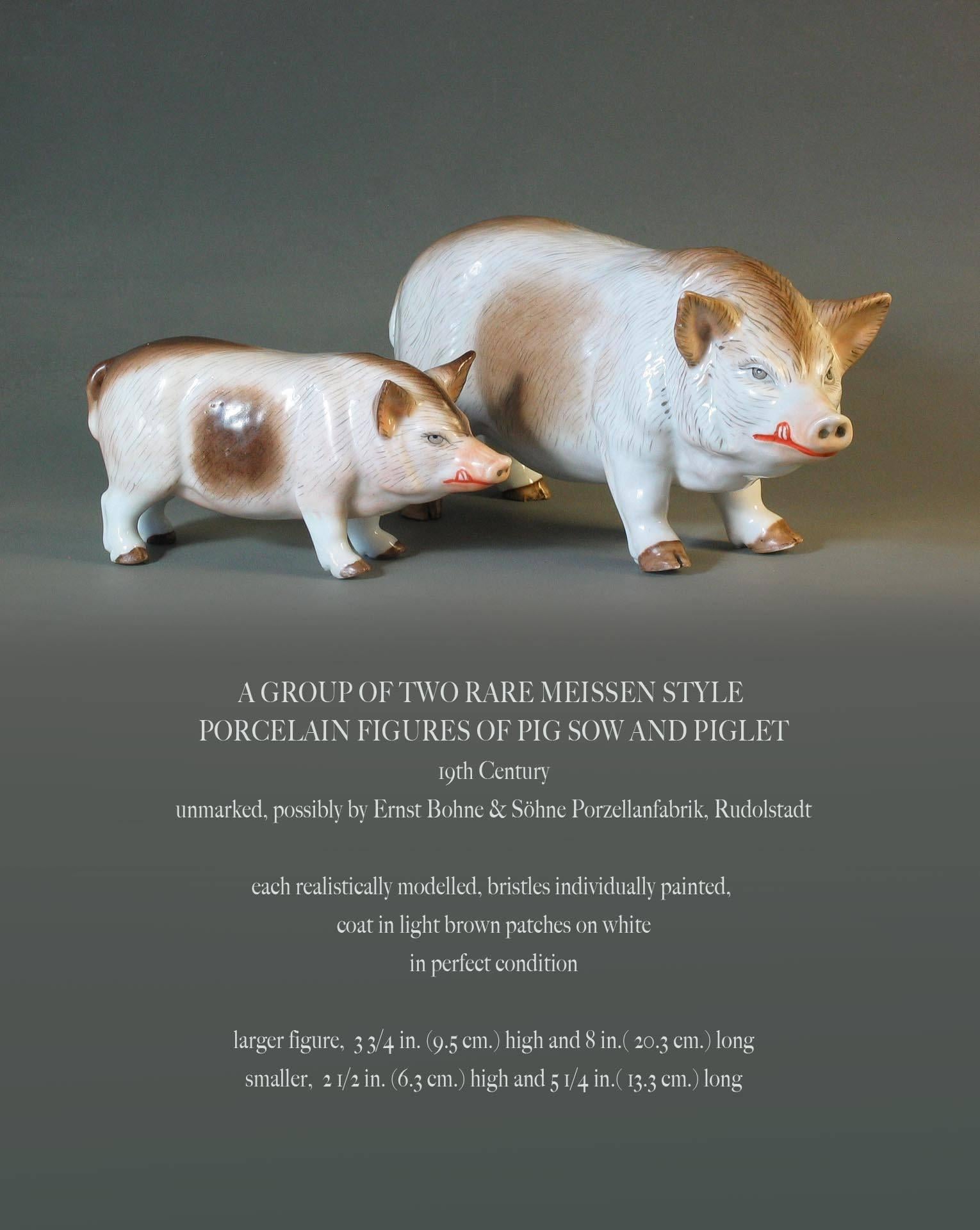 A group of two rare Meissen style porcelain figures of pig sow and piglet, 19th century.
Unmarked, Possibly by Ernest Bohne & Sohne Porzellanfabrik, Rudolstadt. Each realistically modelled, bristles individually painted, coat in light brown patches