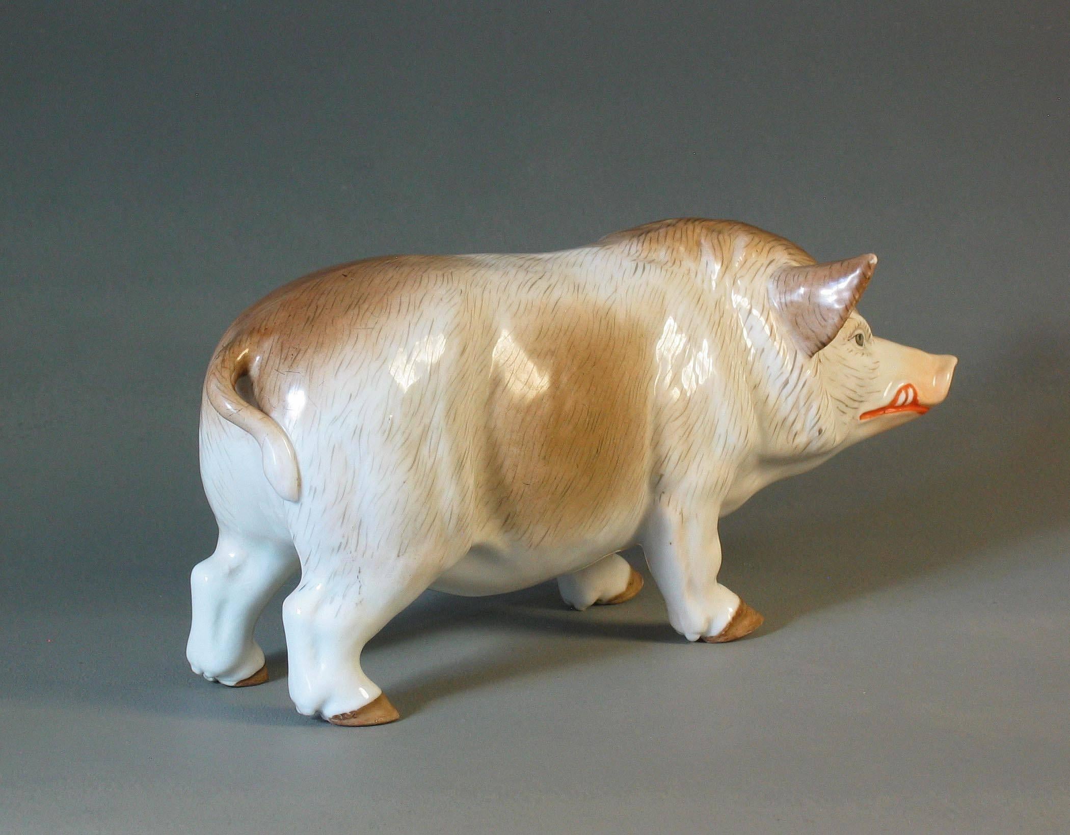 Victorian Group of Two Rare Meissen Style Porcelain Figures of Pig Sow and Piglet For Sale