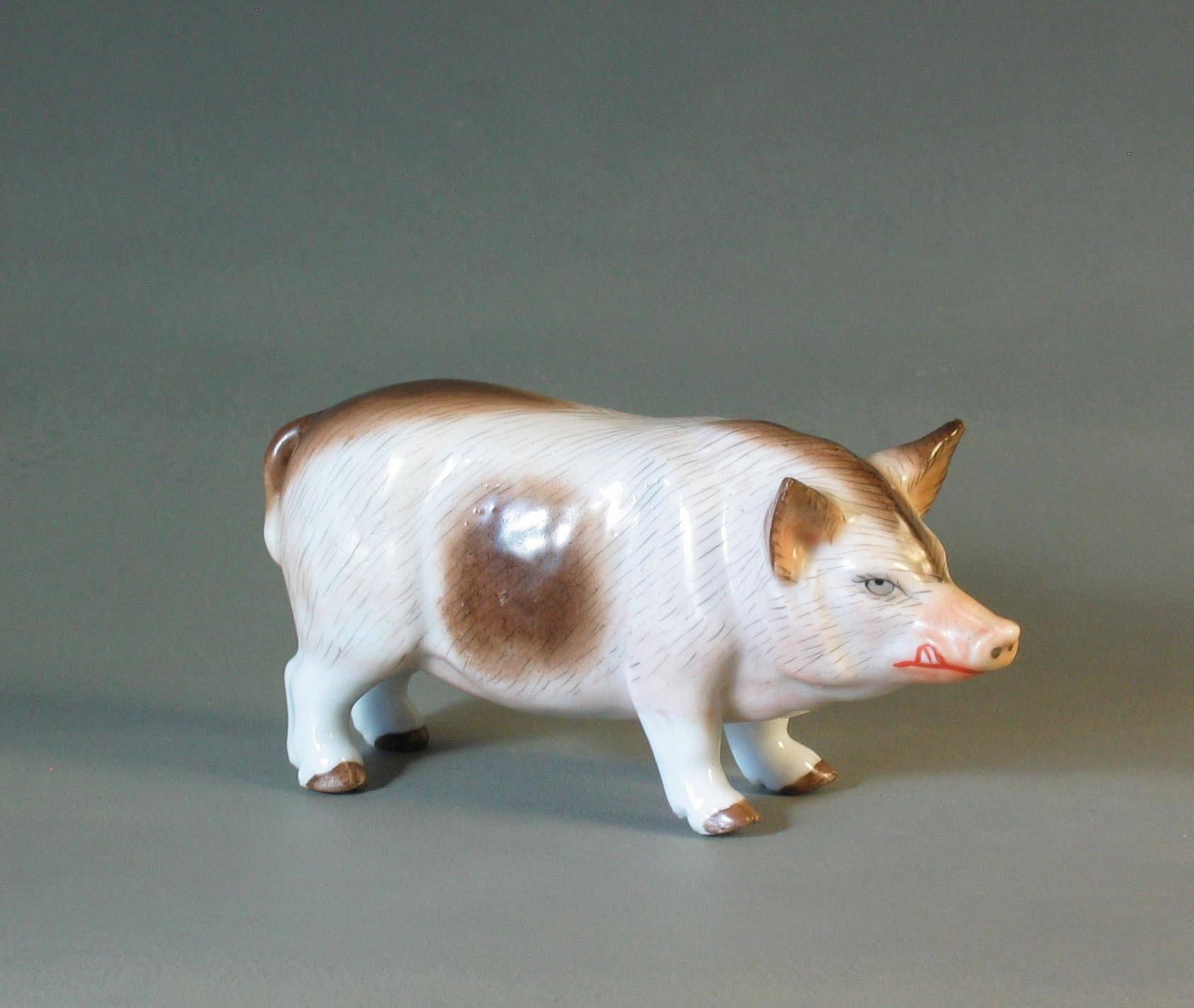 Hand-Crafted Group of Two Rare Meissen Style Porcelain Figures of Pig Sow and Piglet For Sale