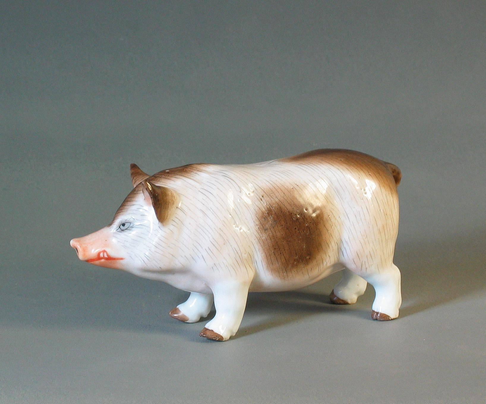 Group of Two Rare Meissen Style Porcelain Figures of Pig Sow and Piglet In Excellent Condition For Sale In Ottawa, Ontario