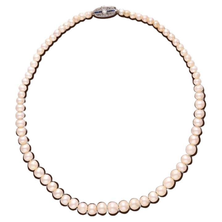 GRS Cert 16.10 Gr Graduated Swiss Pearl Strand with Diamond and Sapphire Clasp  For Sale