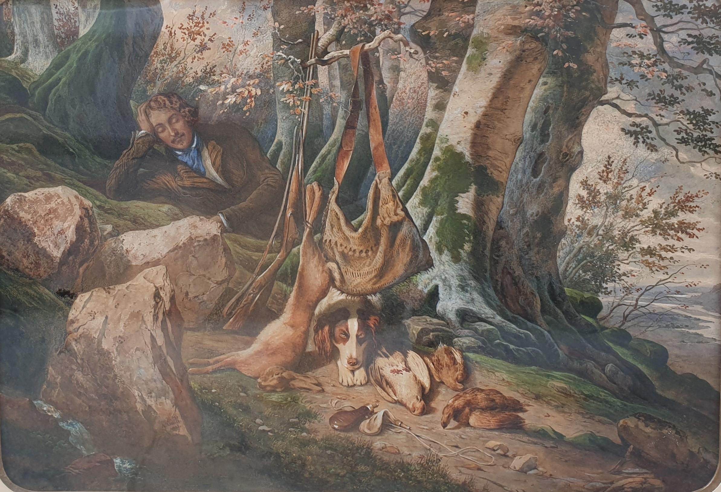 Aquarelle de l'école française du milieu du 18e siècle, romantique chasseur de chiens dans la forêt  - Painting de A. GUILLAUME