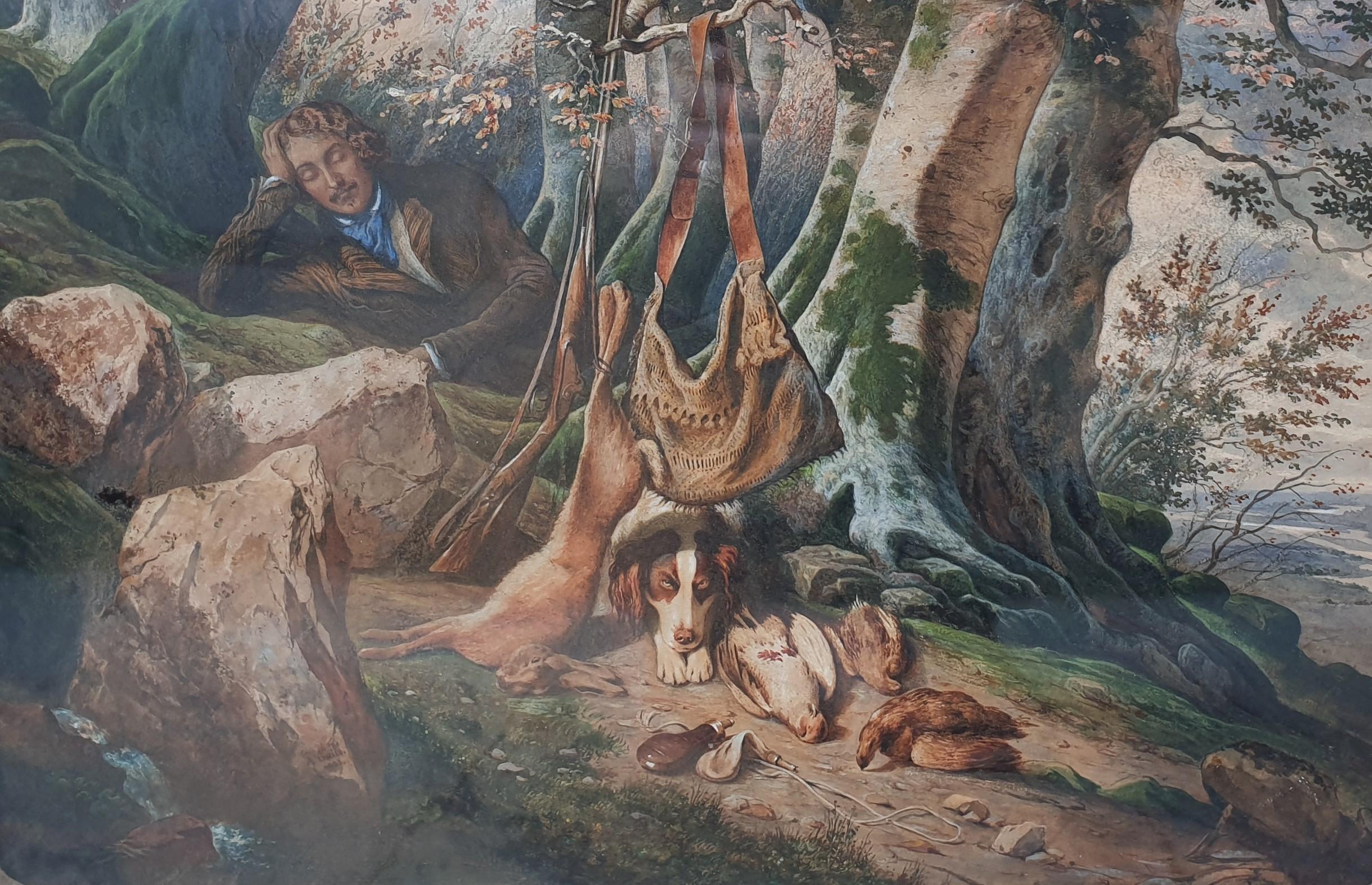 Aquarelle de l'école française du milieu du 18e siècle, romantique chasseur de chiens dans la forêt  - Romantique Painting par A. GUILLAUME