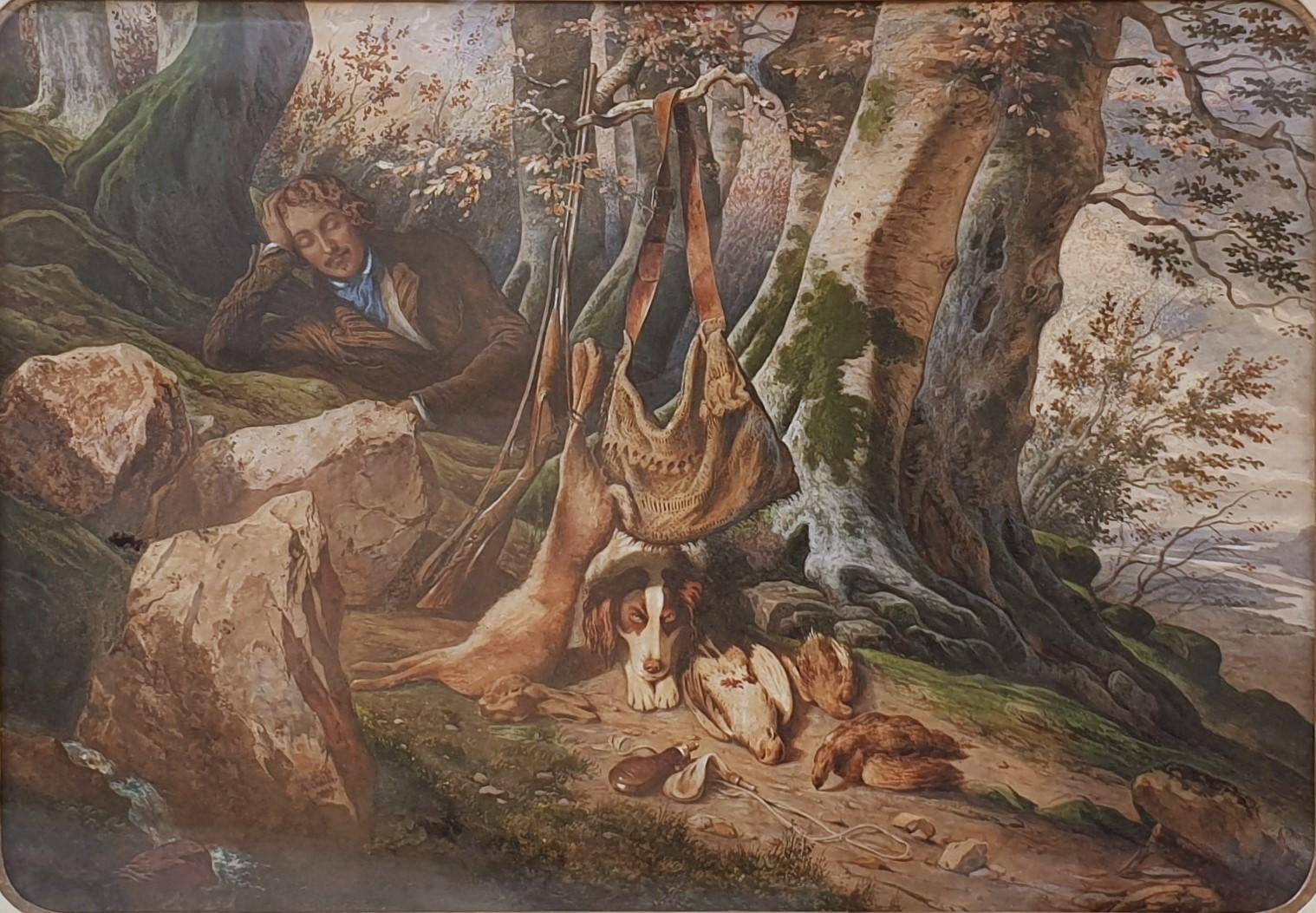 Aquarelle de l'école française du milieu du 18e siècle, romantique chasseur de chiens dans la forêt  en vente 1