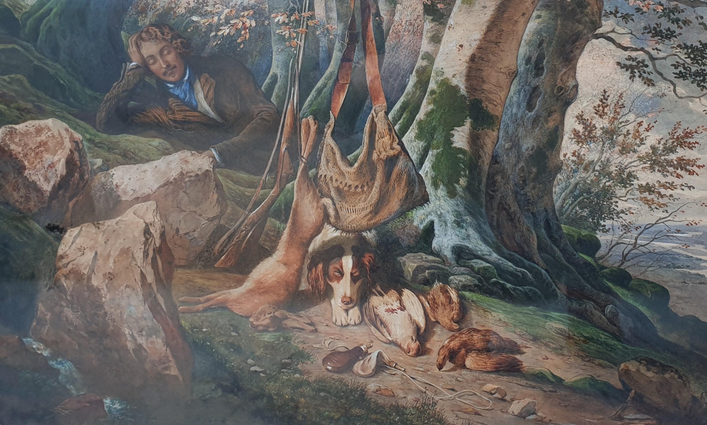 Aquarelle de l'école française du milieu du 18e siècle, romantique chasseur de chiens dans la forêt  en vente 2
