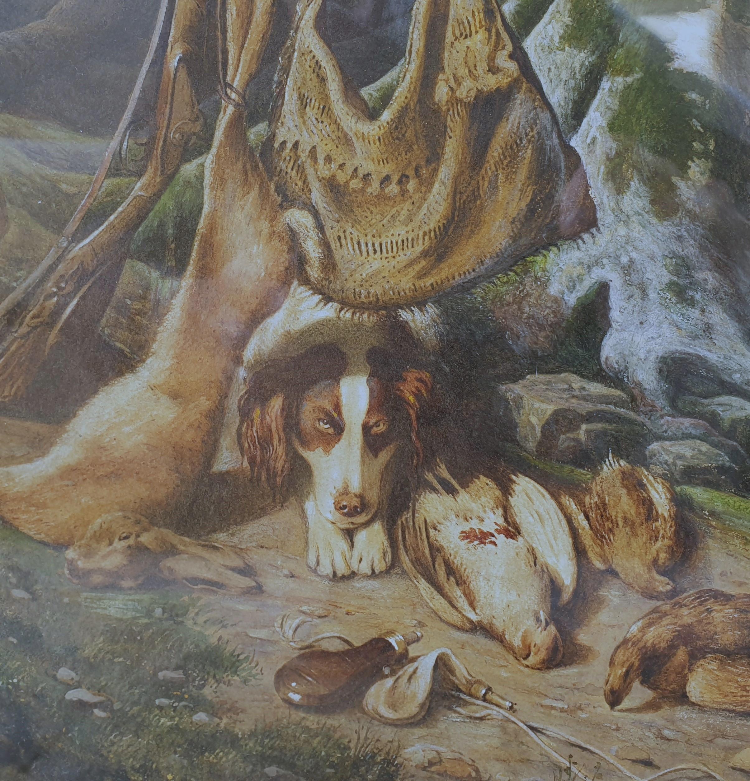 Aquarelle de l'école française du milieu du 18e siècle, romantique chasseur de chiens dans la forêt  en vente 4