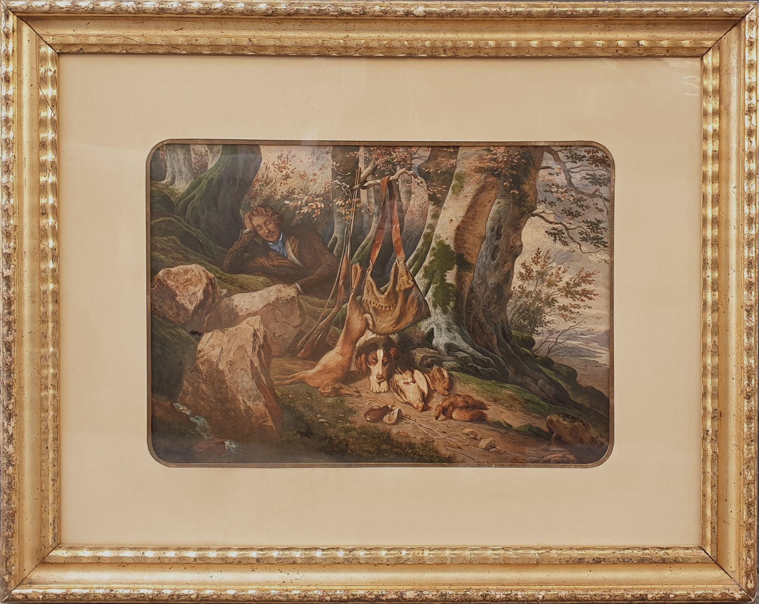 A. GUILLAUME Landscape Painting - Watercolor French school mid 18th romantic Hunt dog hunter game forest 