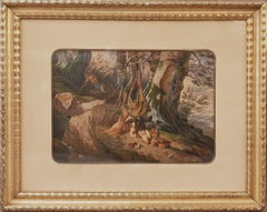 Watercolor French school mid 18th romantic Hunt dog hunter game forest