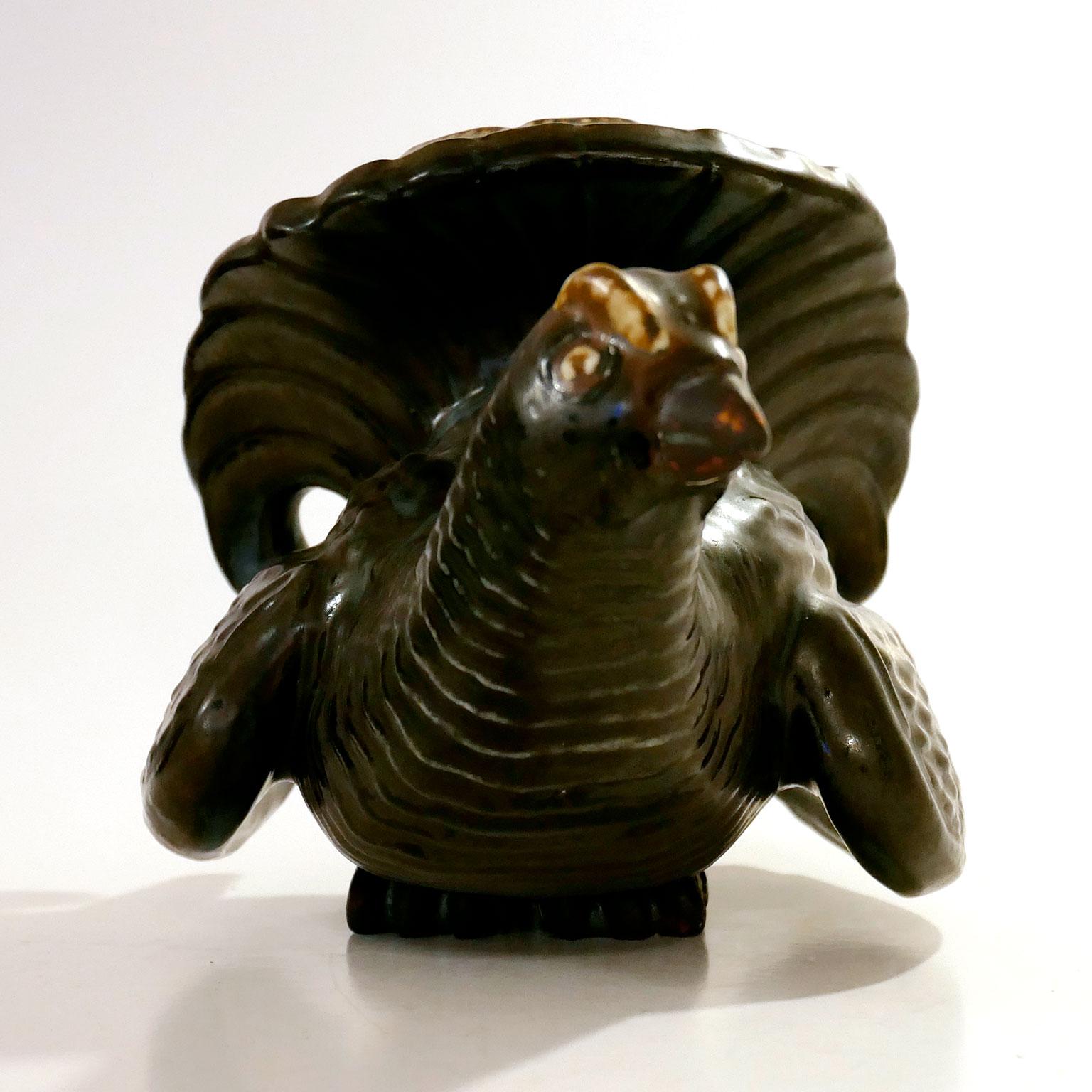 Mid-Century Modern Scandinavian ceramic by Gunnar Nylund: grouse. Black/brown mat glazure, haze fur.