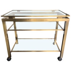 Guy Lefevre Style Gilt Metal Bar Trolley with Three Glass Shelves