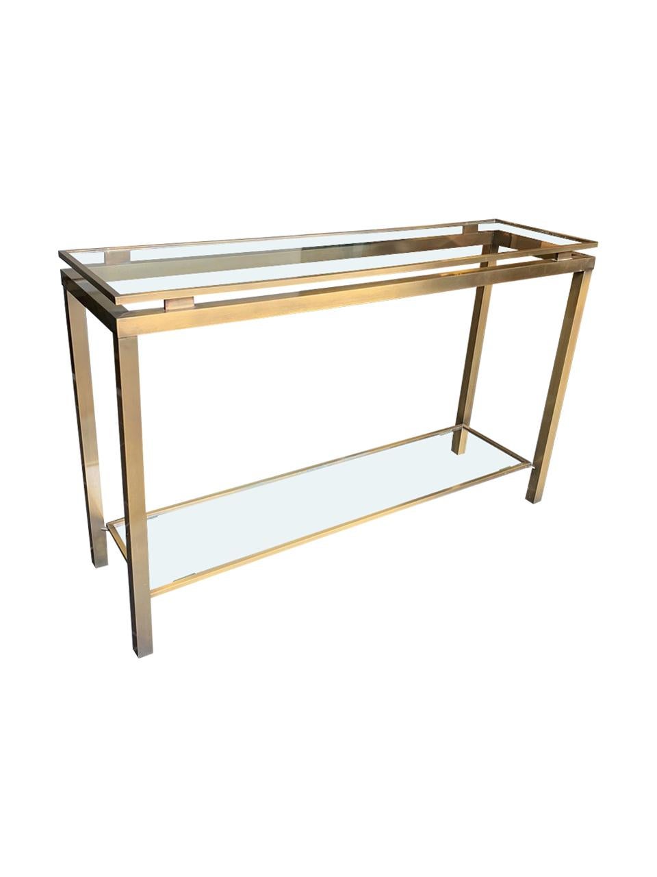 Guy Lefevre Style Gilt Metal Console with Two Glass Shelves 4