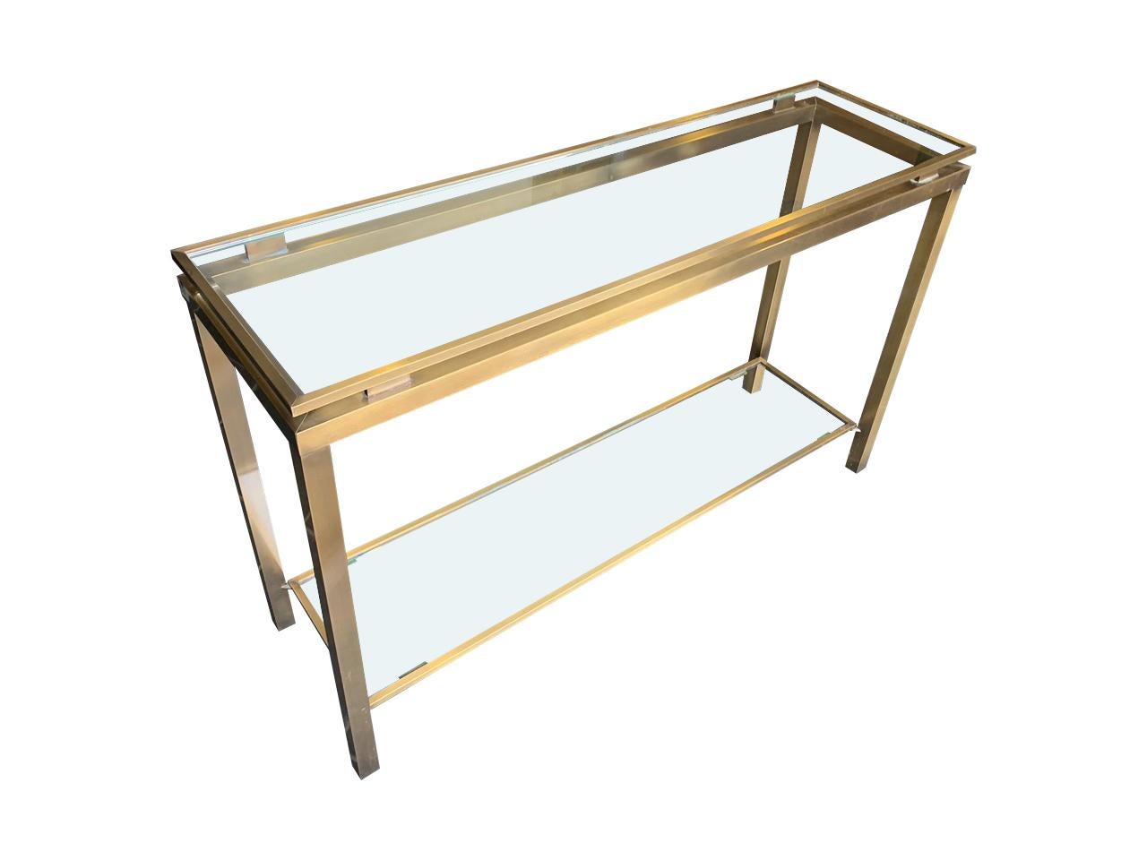 Mid-Century Modern Guy Lefevre Style Gilt Metal Console with Two Glass Shelves