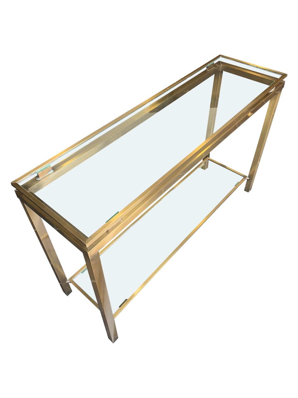 Guy Lefevre Style Gilt Metal Console with Two Glass Shelves In Good Condition In London, GB
