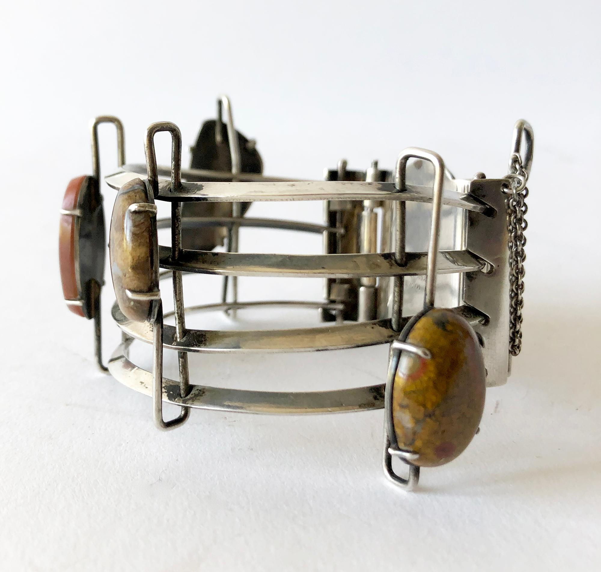 Cabochon A + H Mackie Sterling Silver American Modernist Natural Gemstone Bracelet For Sale