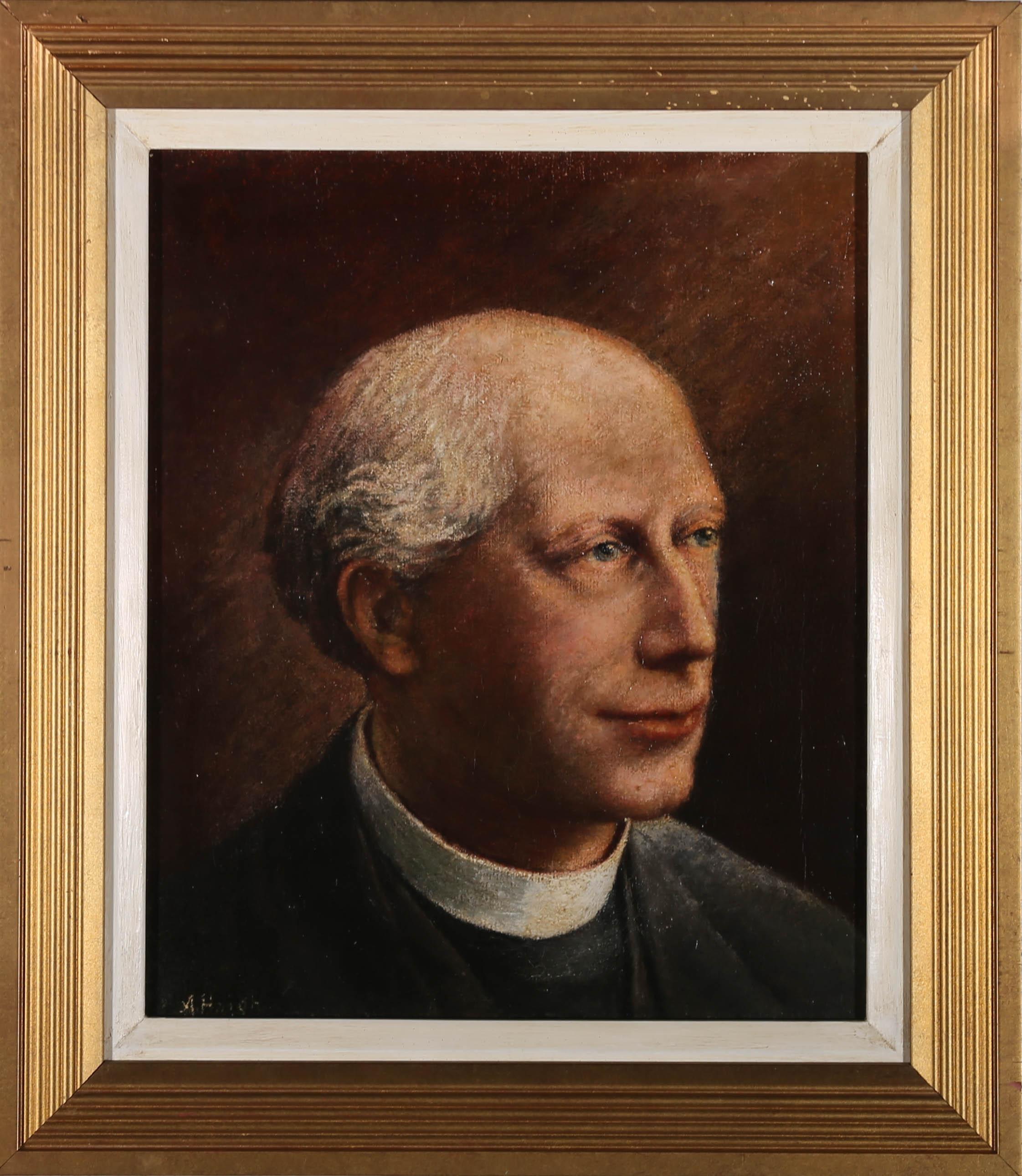 A soft and characterful portrait of a gently smiling priest with kindly eyes. The artist has signed to the lower left edge and the painting has been presented in a reeded gilt frame with white inner window. The canvas has been fully relined. On