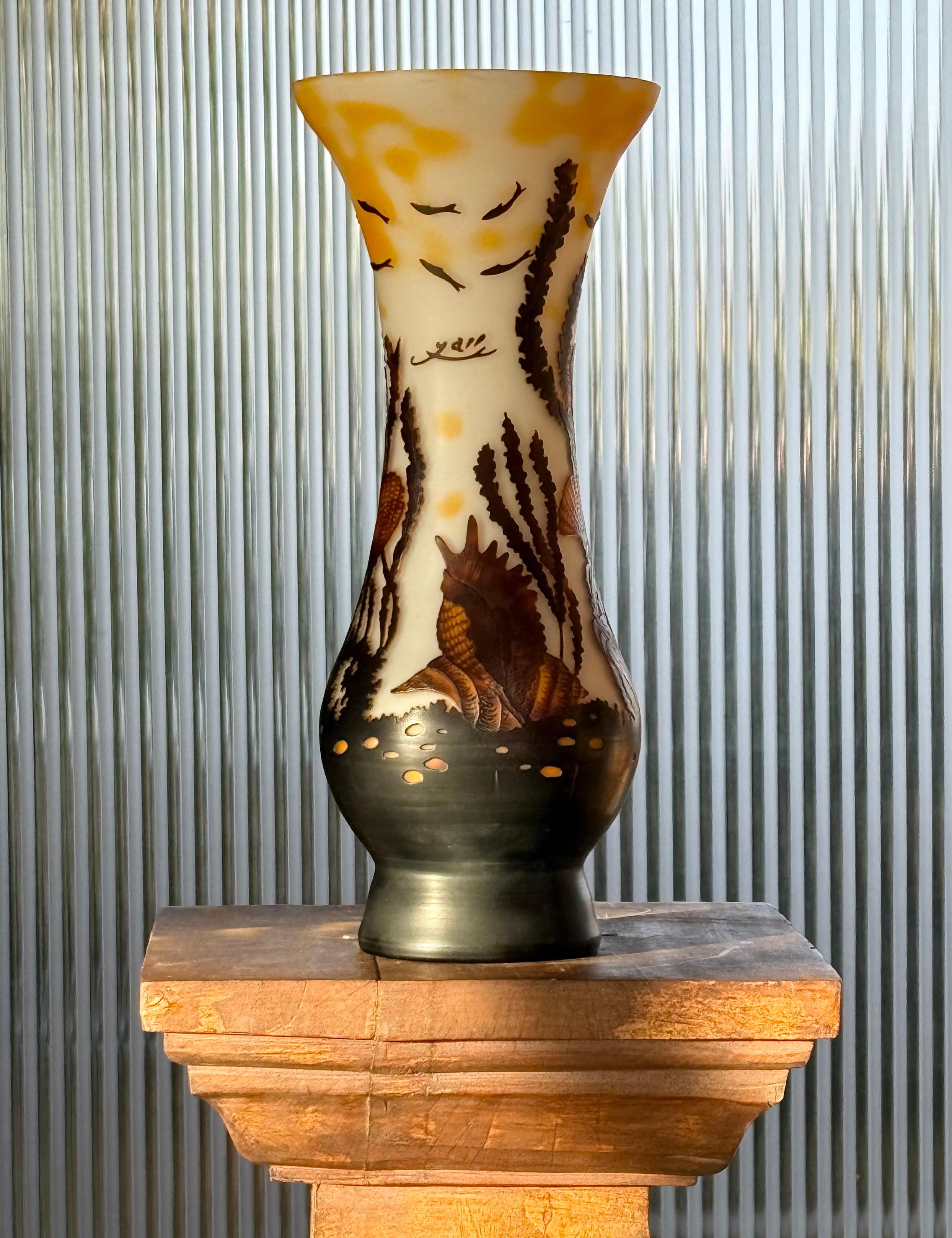 20th Century A hand-blown vase with sea motif after Émile Gallé, 20th century For Sale