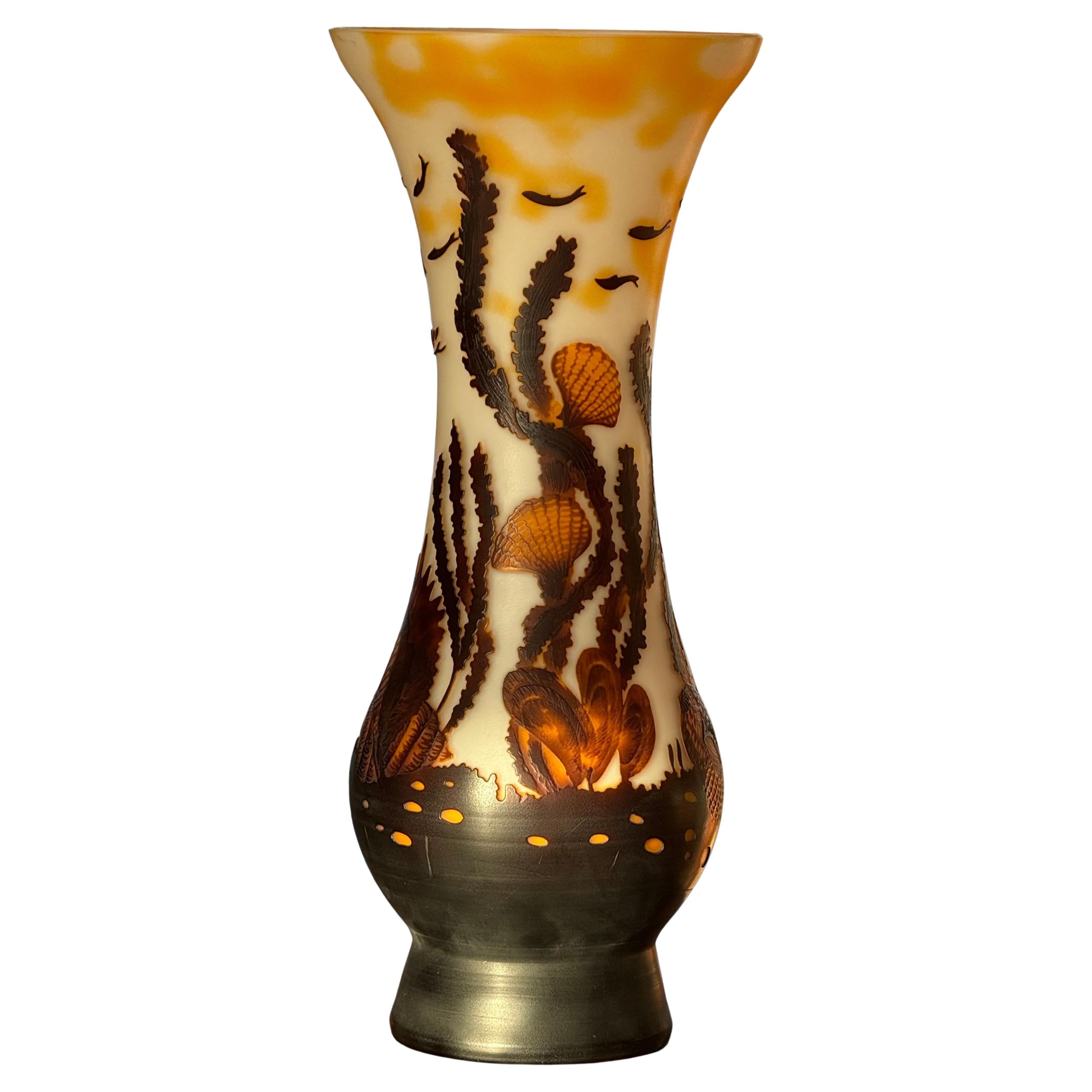 A hand-blown vase with sea motif after Émile Gallé, 20th century For Sale