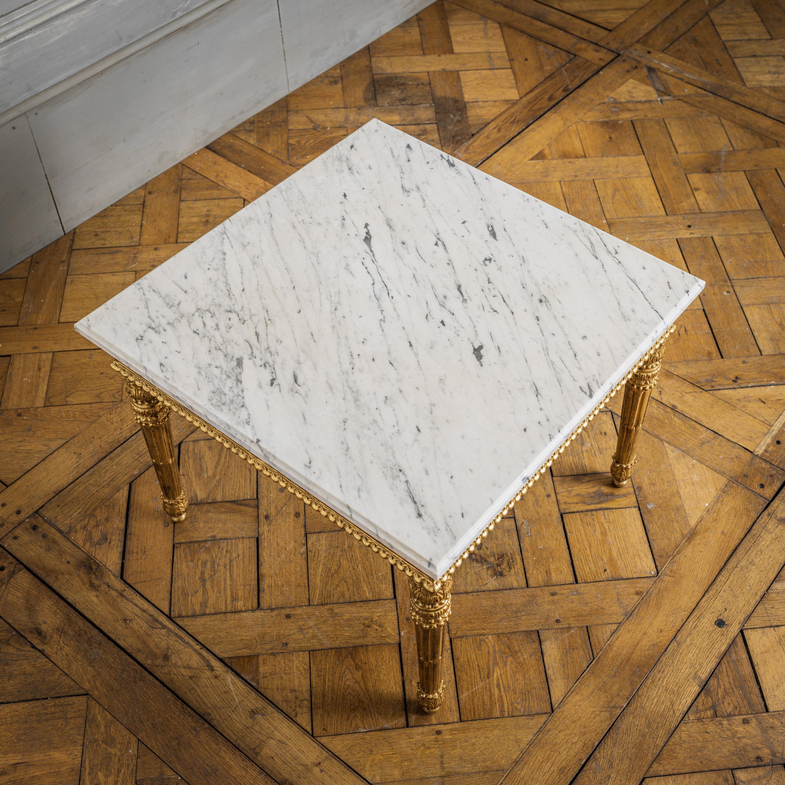 Contemporary Hand Carved Gilt Wood French Louis XVI Style Coffee Table with Marble Top For Sale