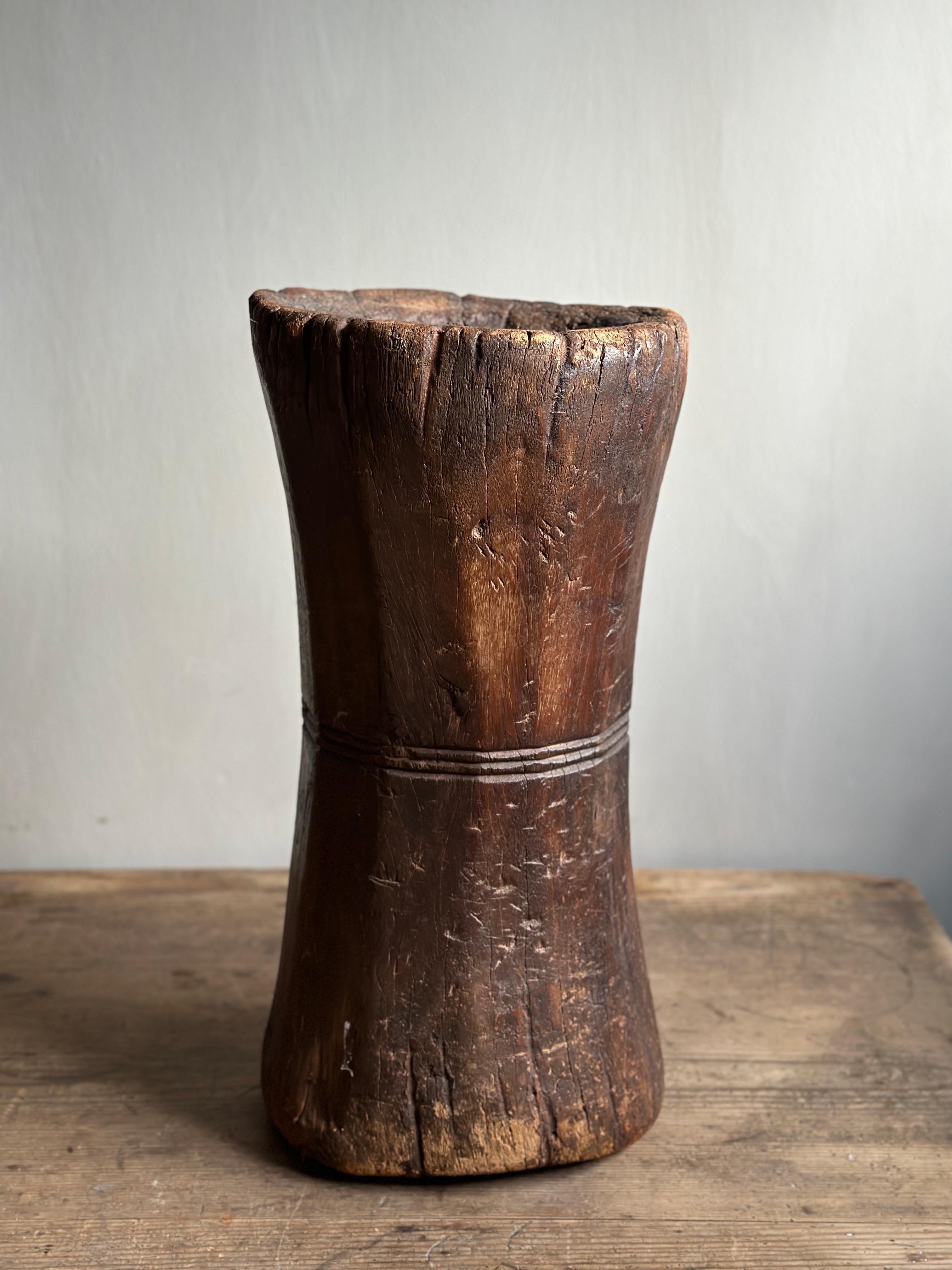 A Hand-Carved Wabi Sabi Wooden Mortar, Africa, c. Early 20th Century  For Sale 1