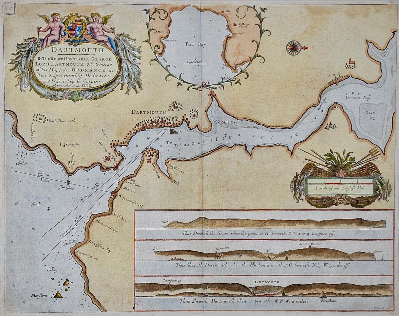 This hand-colored sea chart of the area around Dartmouth, England is from 