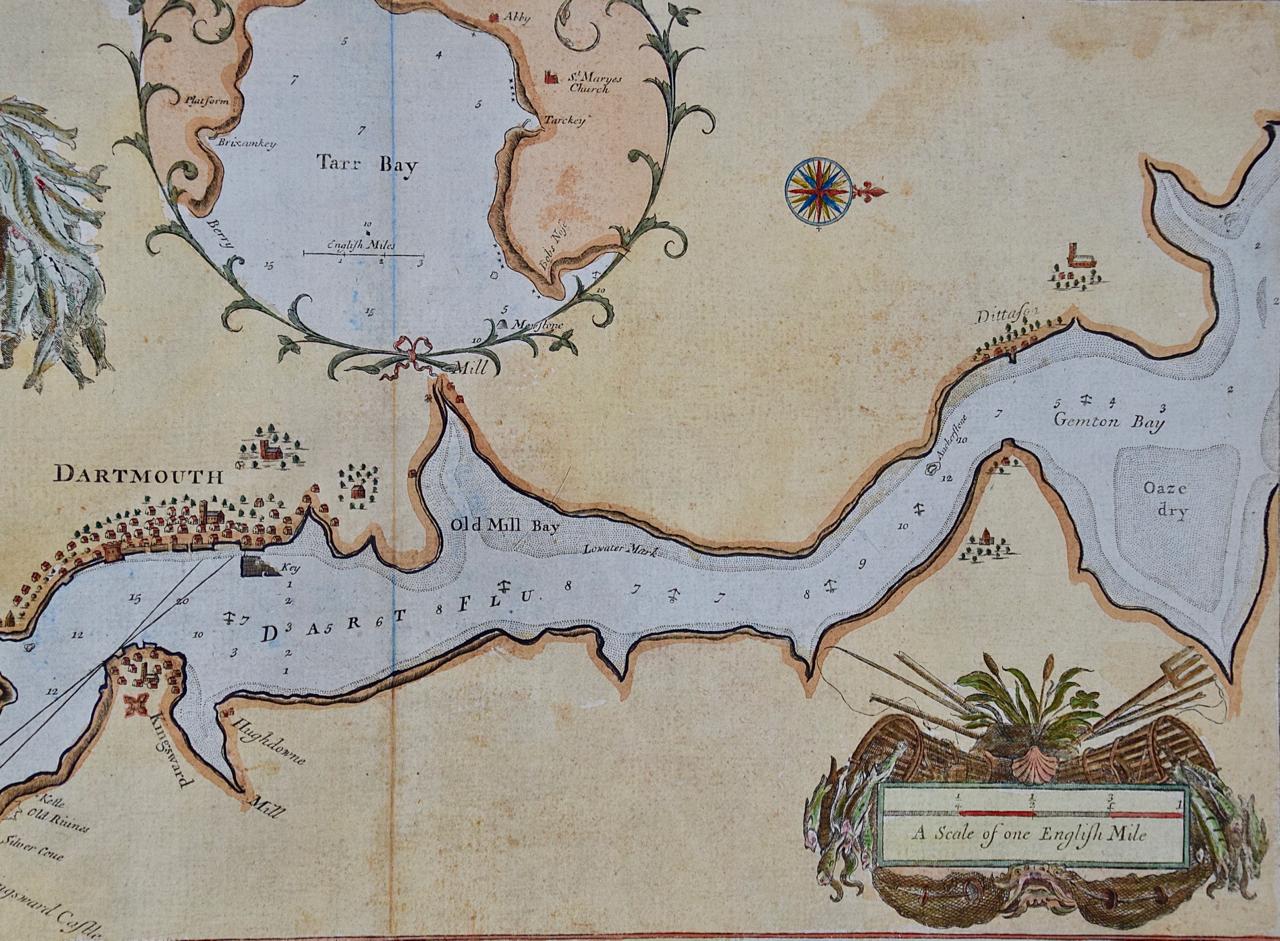 Dartmouth, Inghilterra: Una carta marittima del XVII secolo colorata a mano dal Capitano Collins In condizioni buone in vendita a Alamo, CA