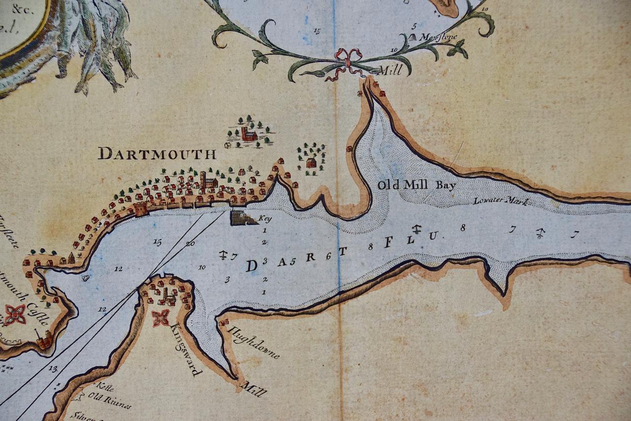 English Dartmouth, England: A Hand-Colored 17th Century Sea Chart by Captain Collins For Sale
