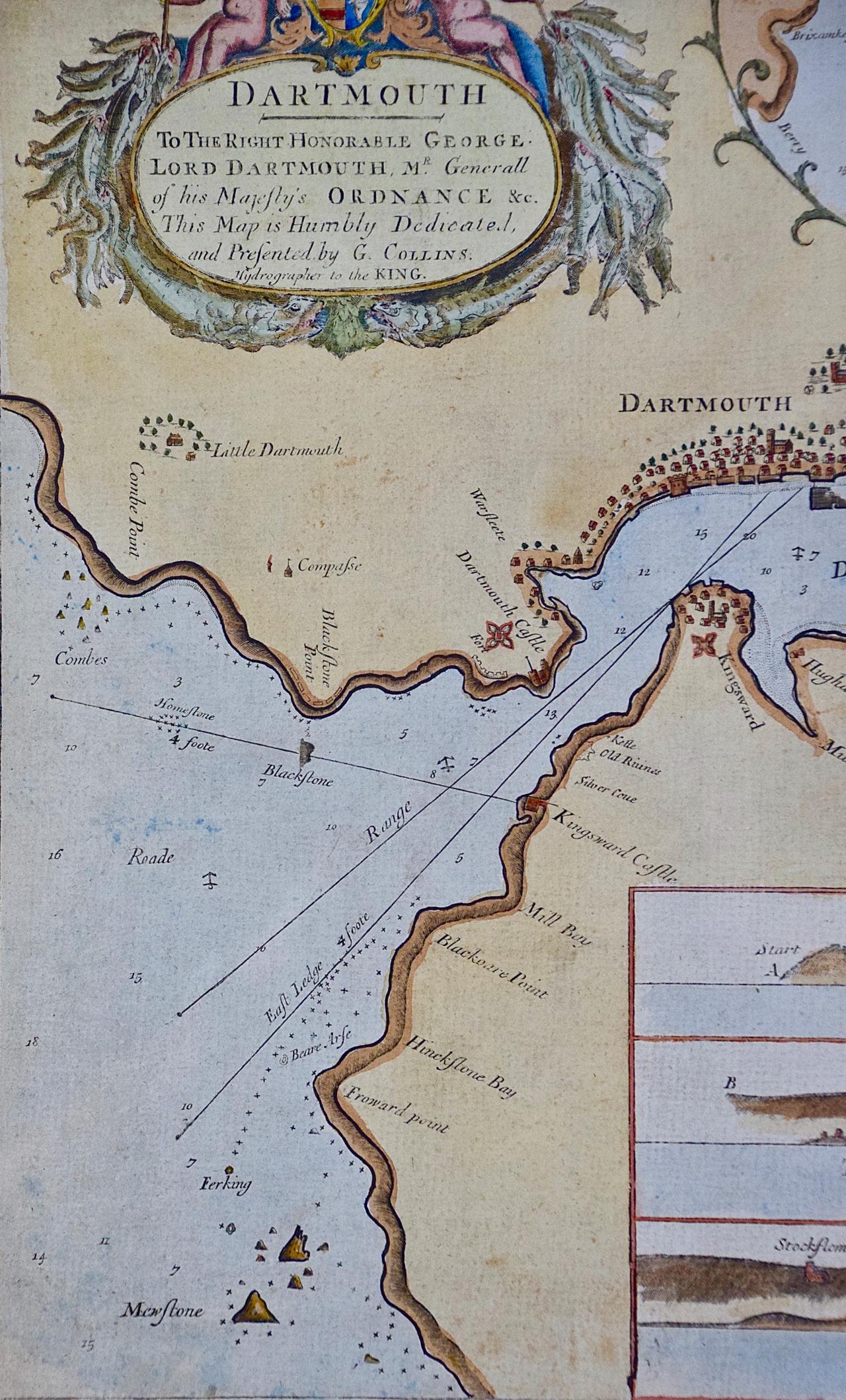 Engraved Dartmouth, England: A Hand-Colored 17th Century Sea Chart by Captain Collins For Sale
