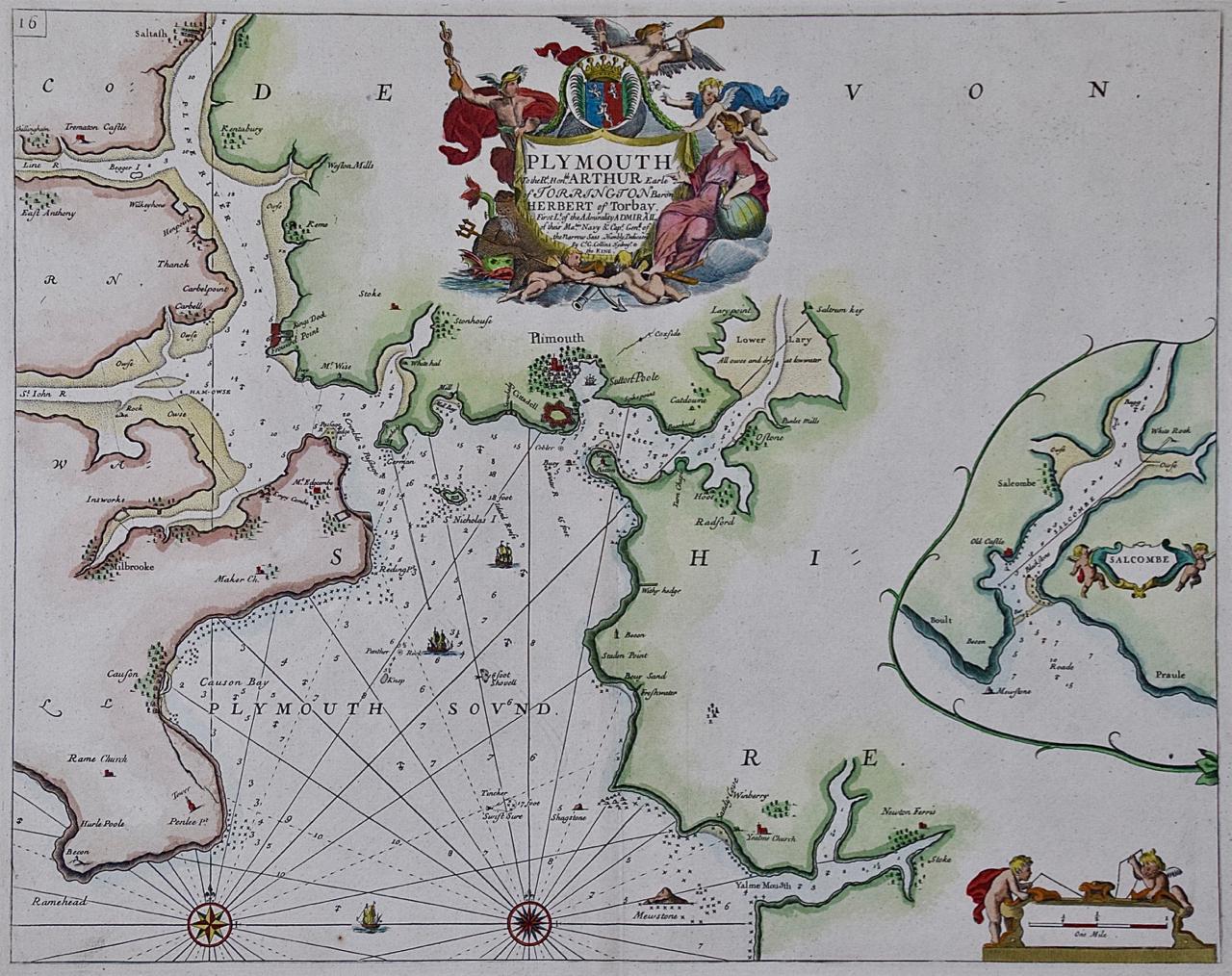 This hand-colored sea chart of the area around Plymouth, England from 