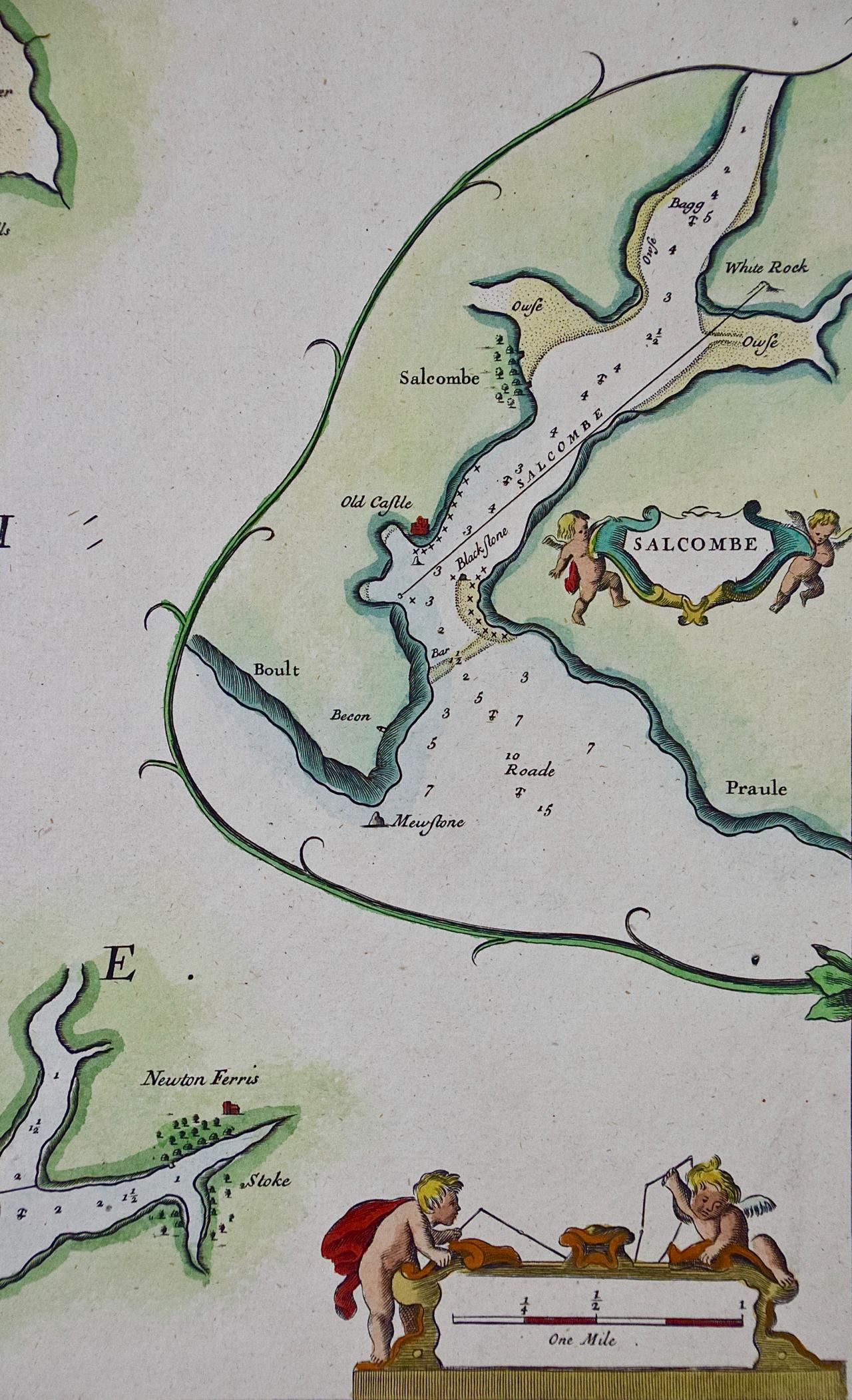 Anglais Plymouth, Angleterre : Une carte marine du 17e siècle coloriée à la main par le capitaine Collins en vente