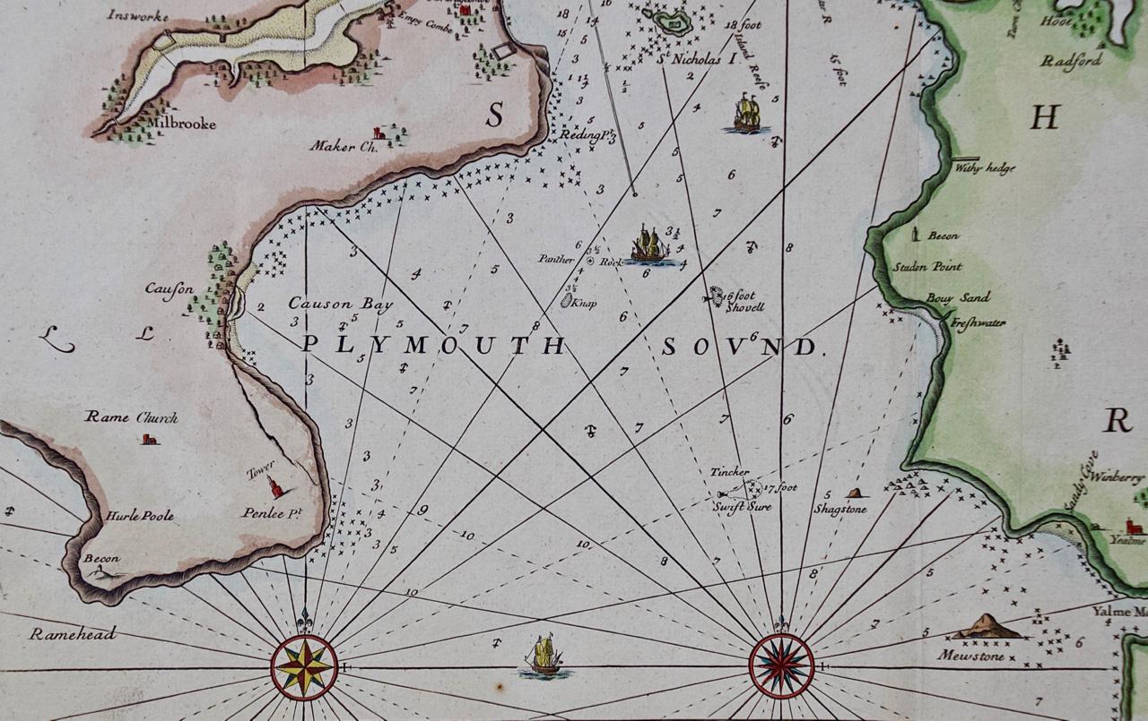 English Plymouth, England: A Hand-Colored 17th Century Sea Chart by Captain Collins For Sale