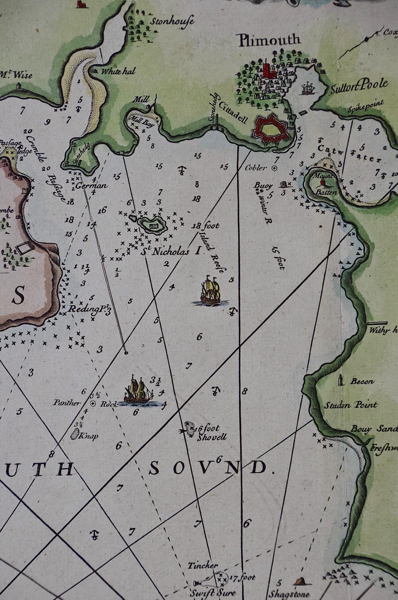 Engraved Plymouth, England: A Hand-Colored 17th Century Sea Chart by Captain Collins For Sale
