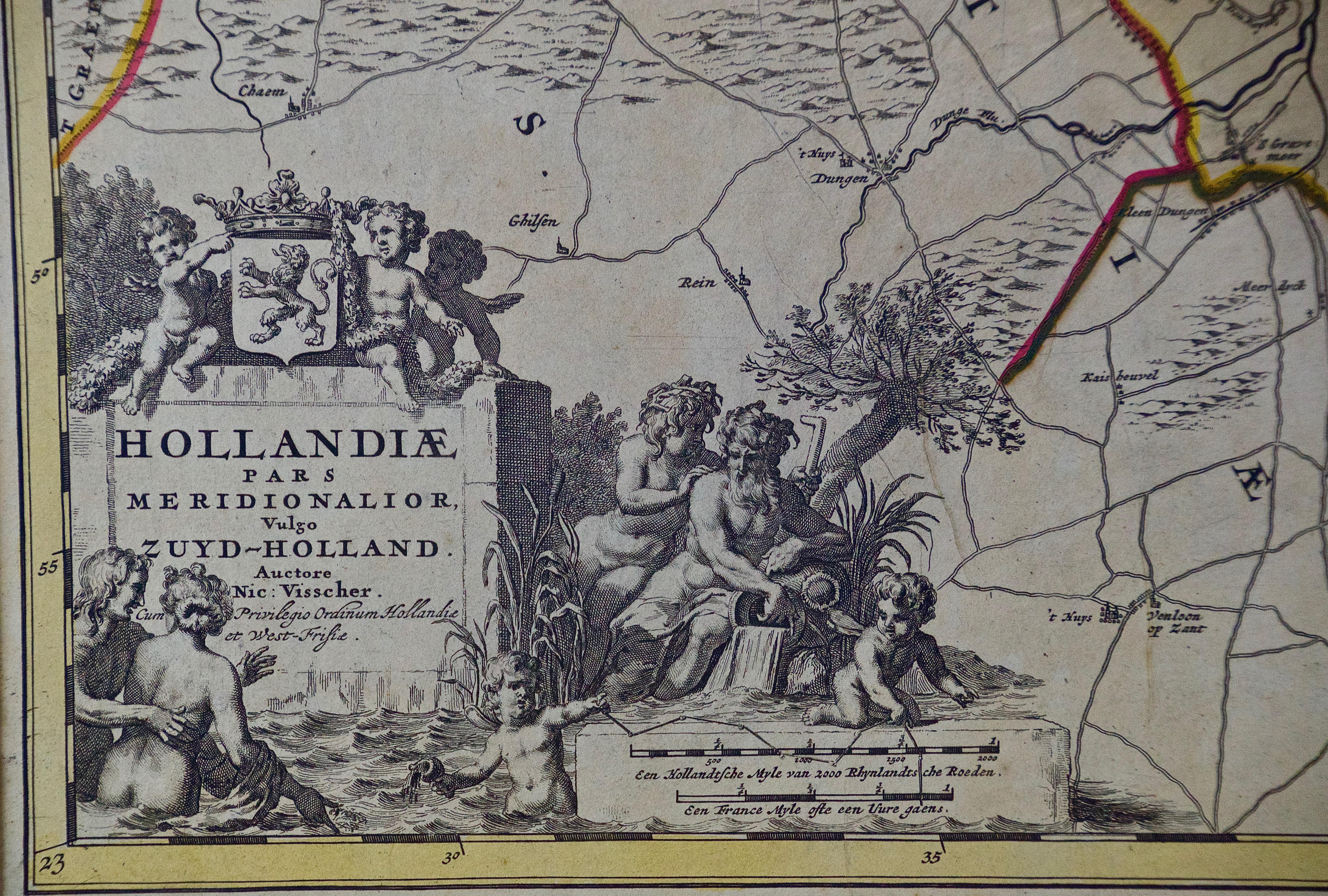 Gravé Carte de Visscher du 17ème siècle « Hollandiae » colorée à la main, Hollande du Sud en vente