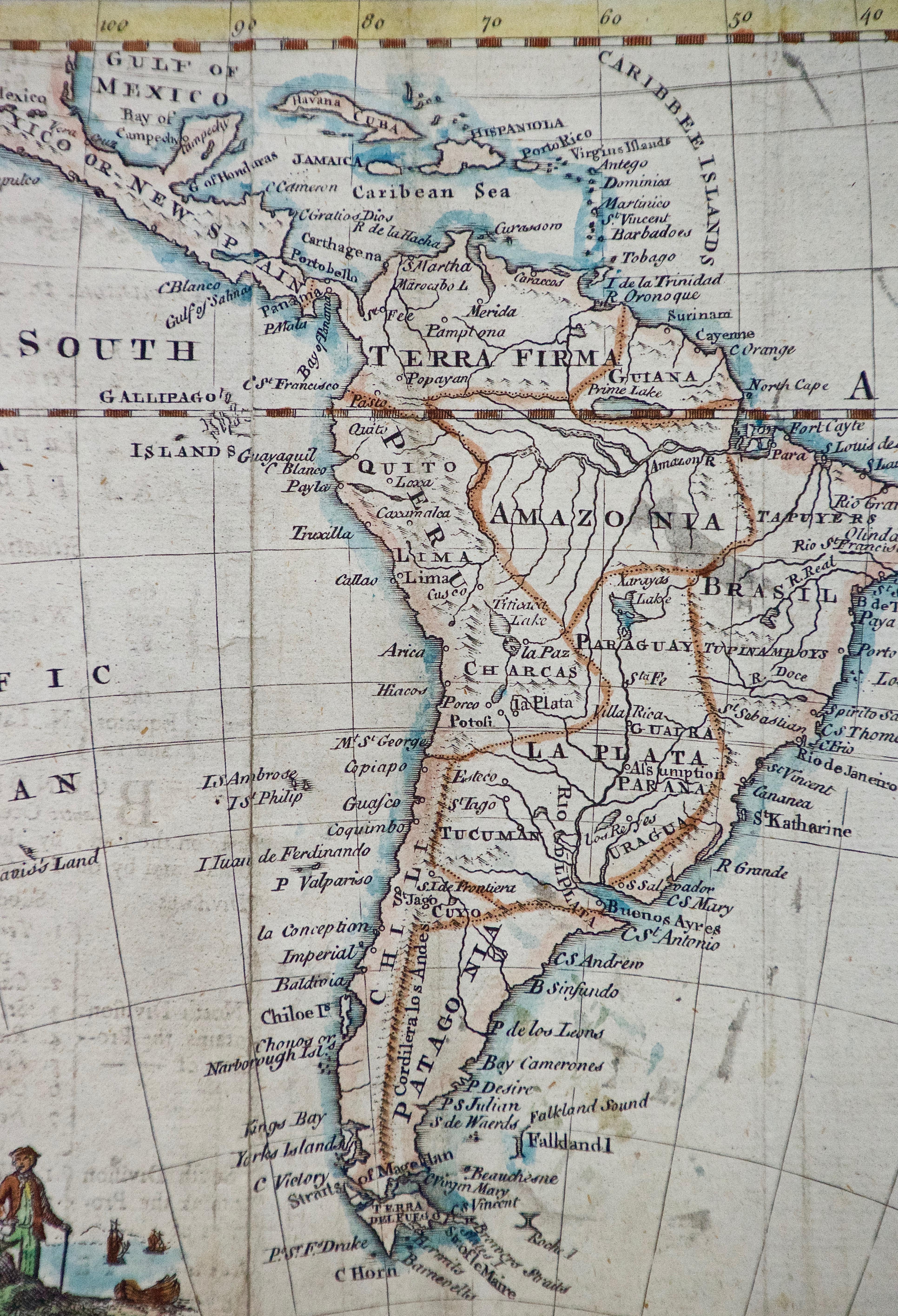 Engraved South America: Hand-colored 18th Century Framed Map by Thomas Jefferys For Sale