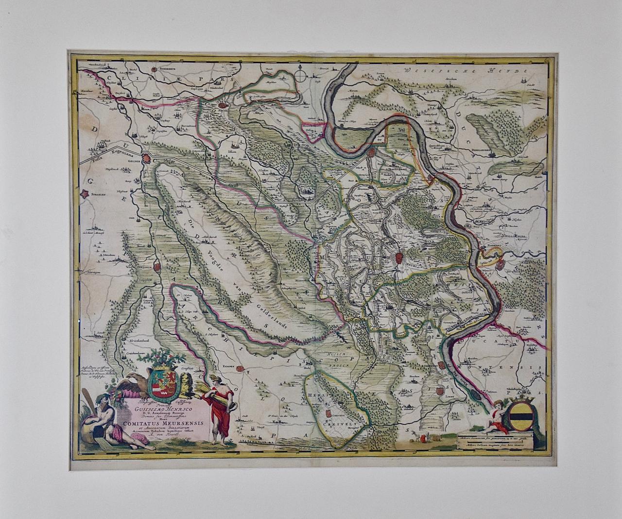 Diese originale handkolorierte Karte der Grafschaft Moers, Deutschland, aus dem 18. Jahrhundert mit dem Titel 
