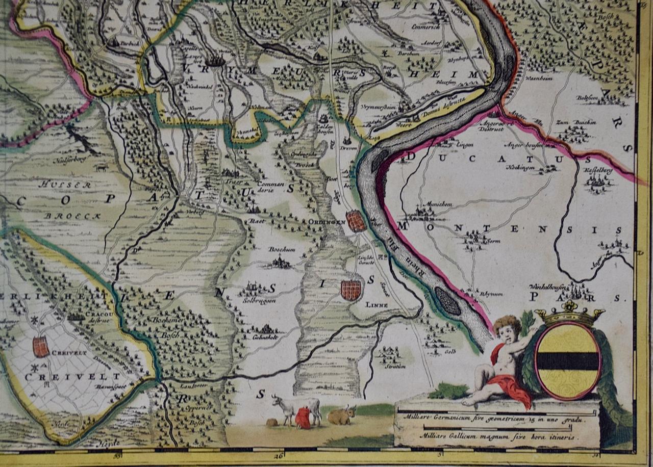 Gravé Allemagne Ouest du Rhin : une carte du XVIIIe siècle colorée à la main par de Wit en vente