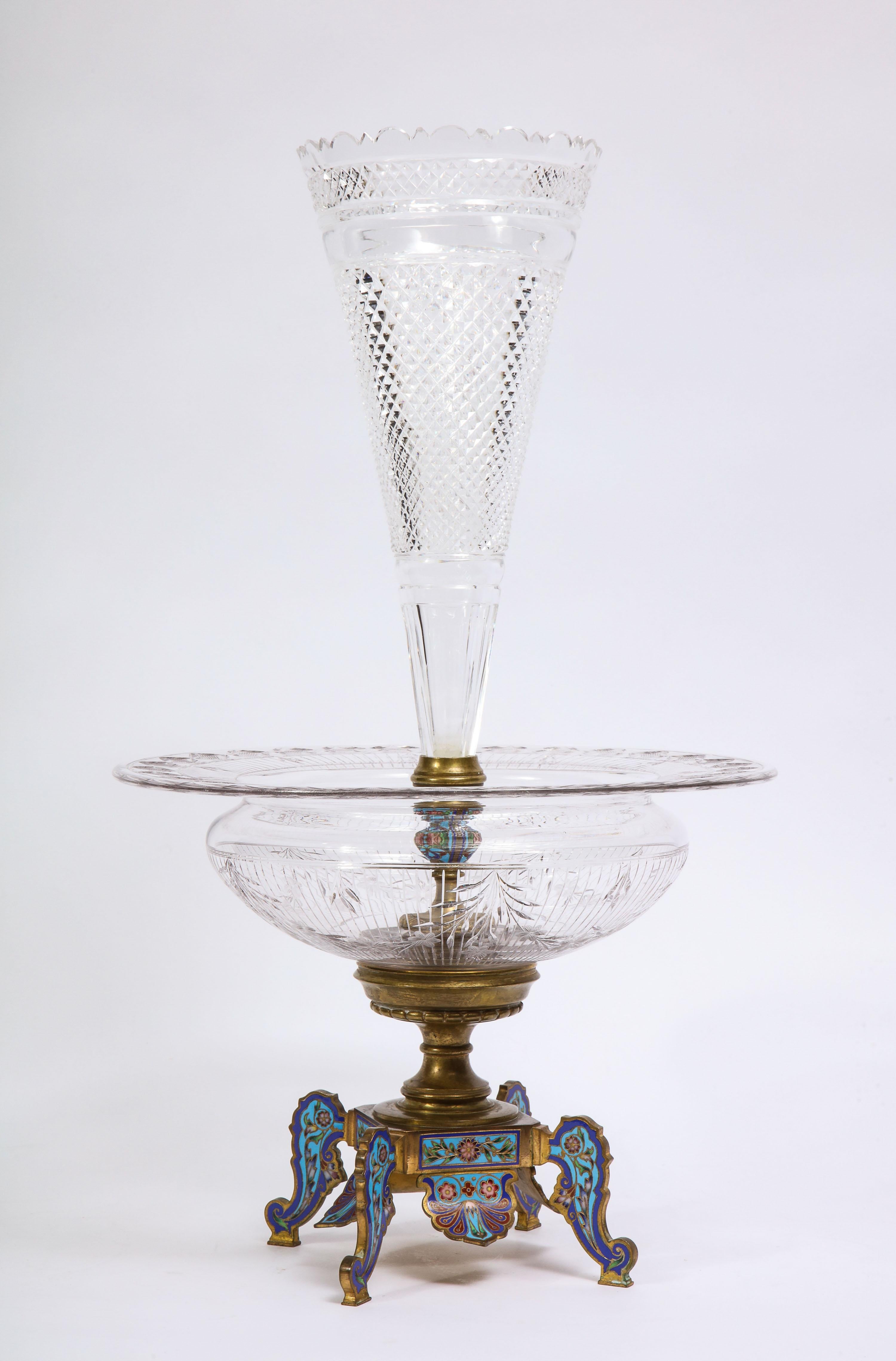 A unique and quite beautiful Orientalist style hand-diamond cut and Champleve enamel signed Baccarat centerpiece/floral vase. This is a truly unique centerpiece, as it serves dual purpose; it can be used as a gorgeous centerpiece for fruits, nuts,