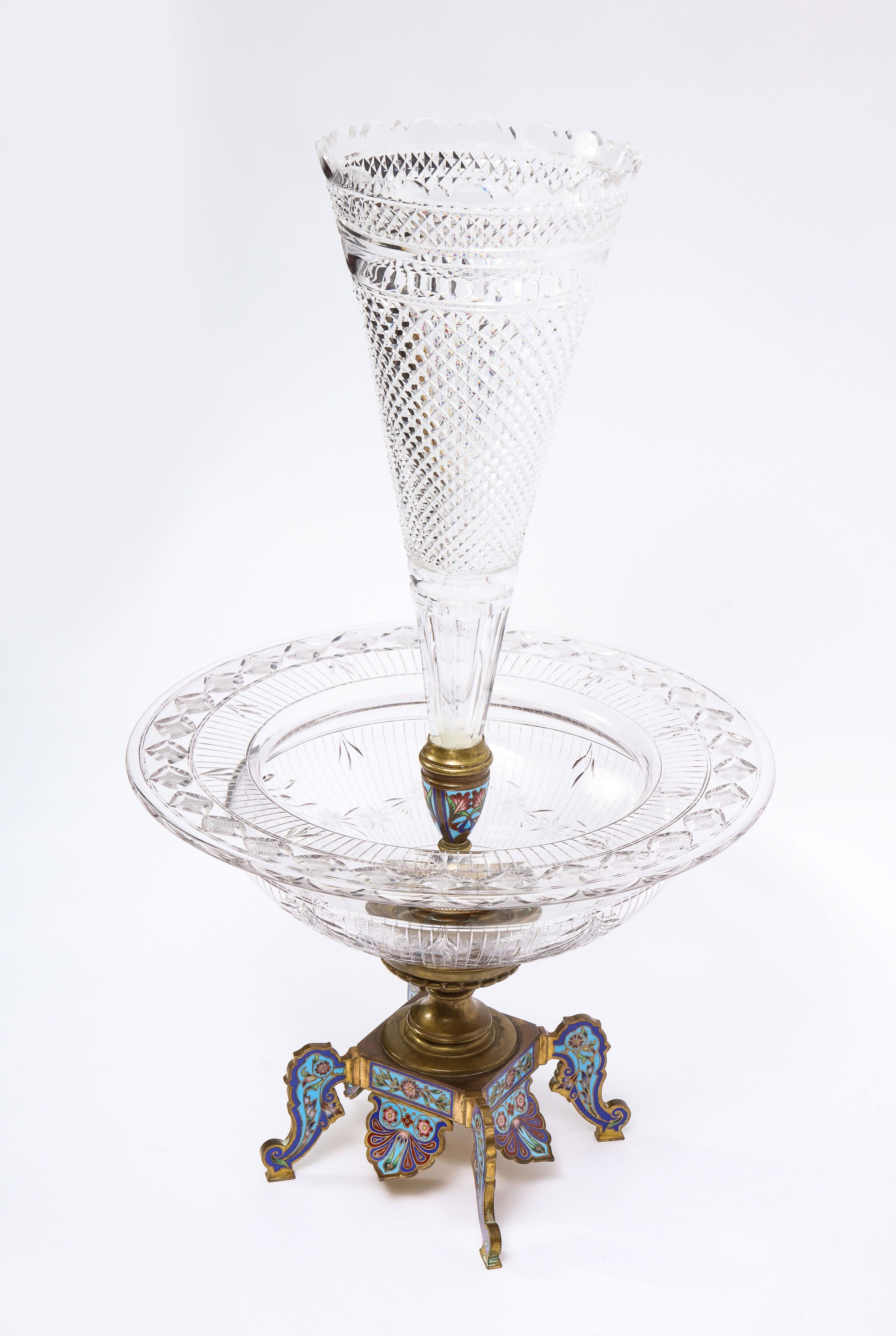 Louis XVI Hand-Diamond Cut and Champleve Enamel Signed Baccarat Centerpiece/Floral Vase For Sale
