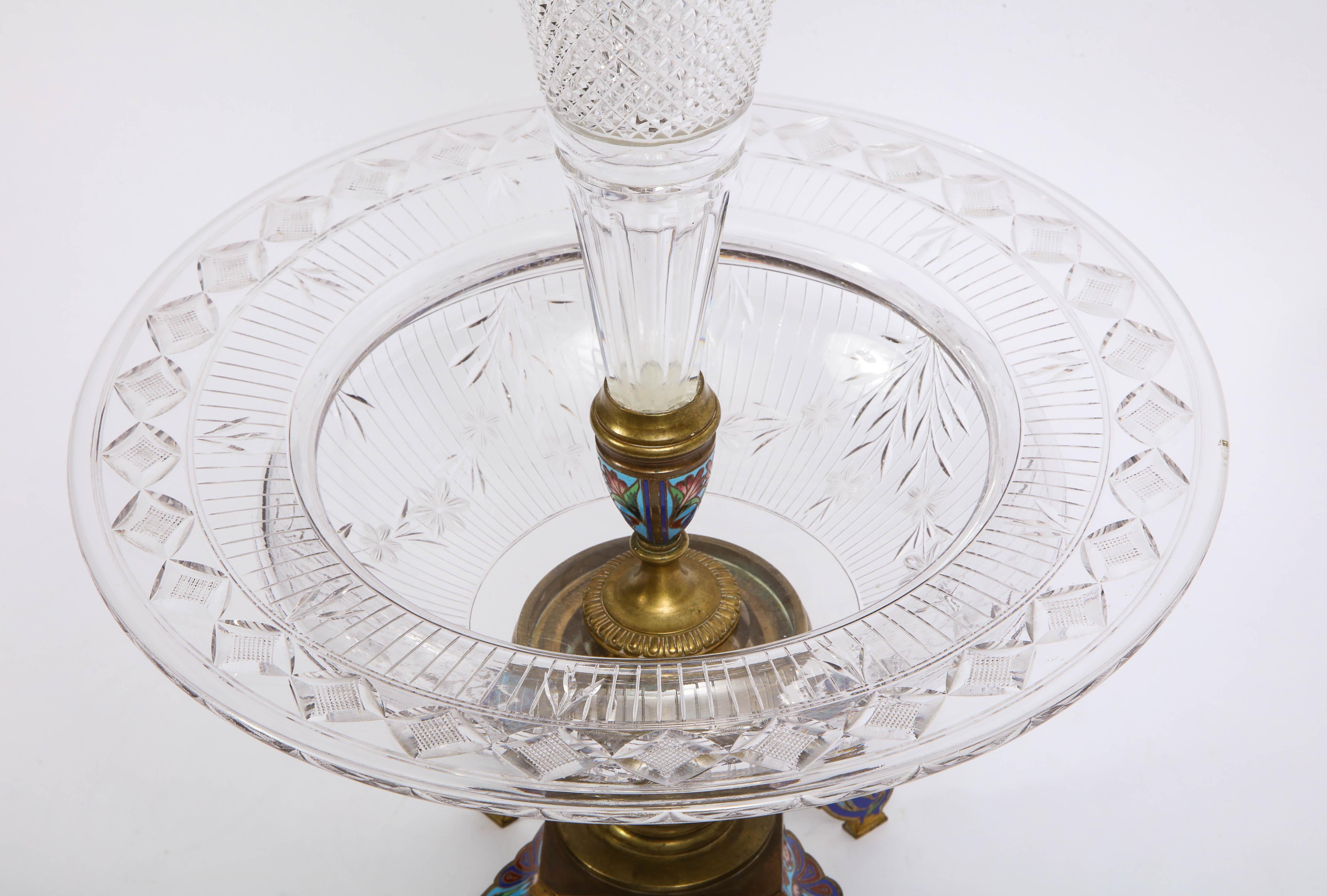 French Hand-Diamond Cut and Champleve Enamel Signed Baccarat Centerpiece/Floral Vase For Sale