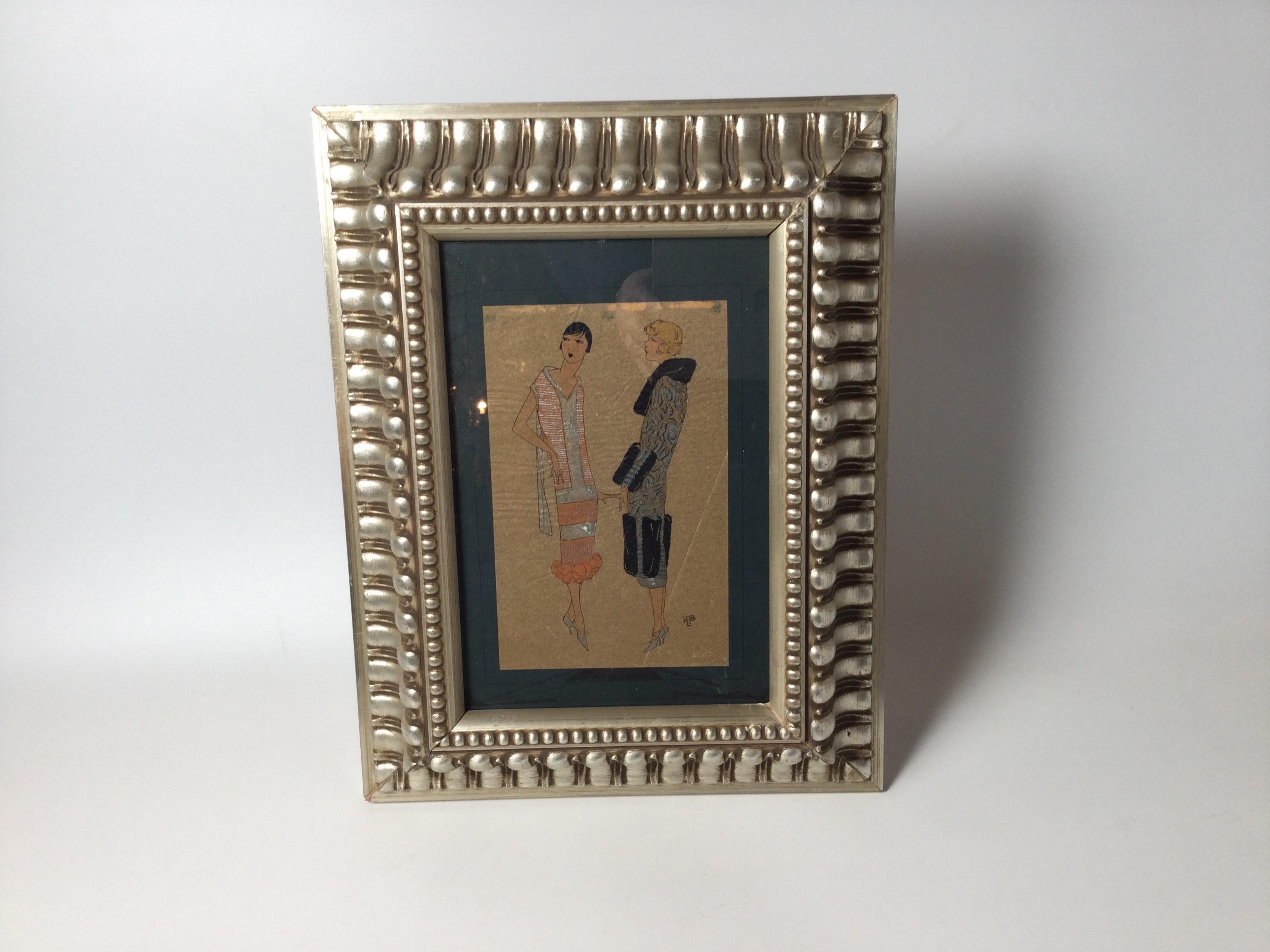 Exquisitely drawn French Art Deco Couture fashion illustrations with hand drawn mats. The drawing is set in an Italian silver gilt frame with glass. Artist signed in the lower corner.