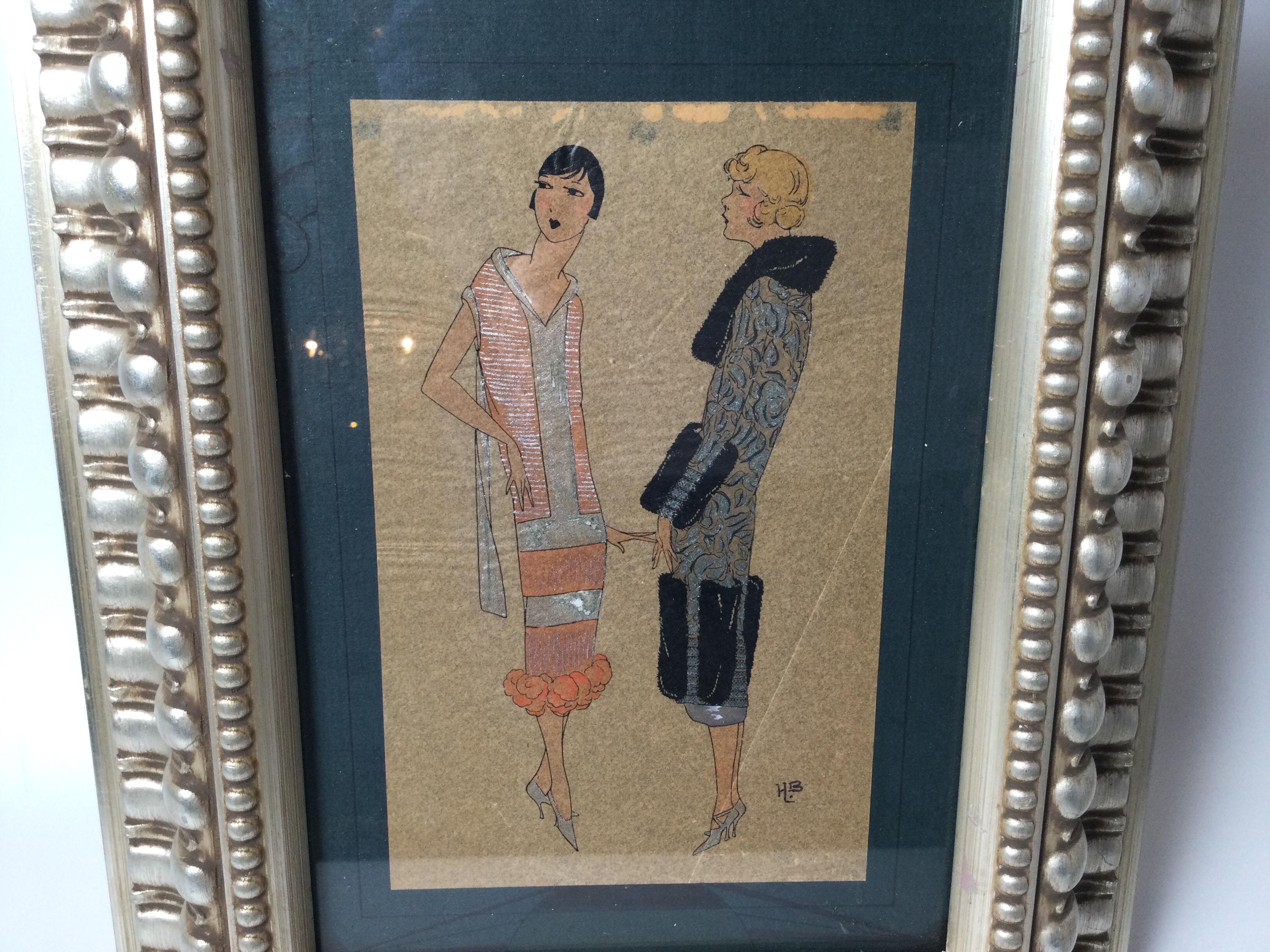 Hand-Painted Hand Drawn French Art Deco Couture Fashion Illustration