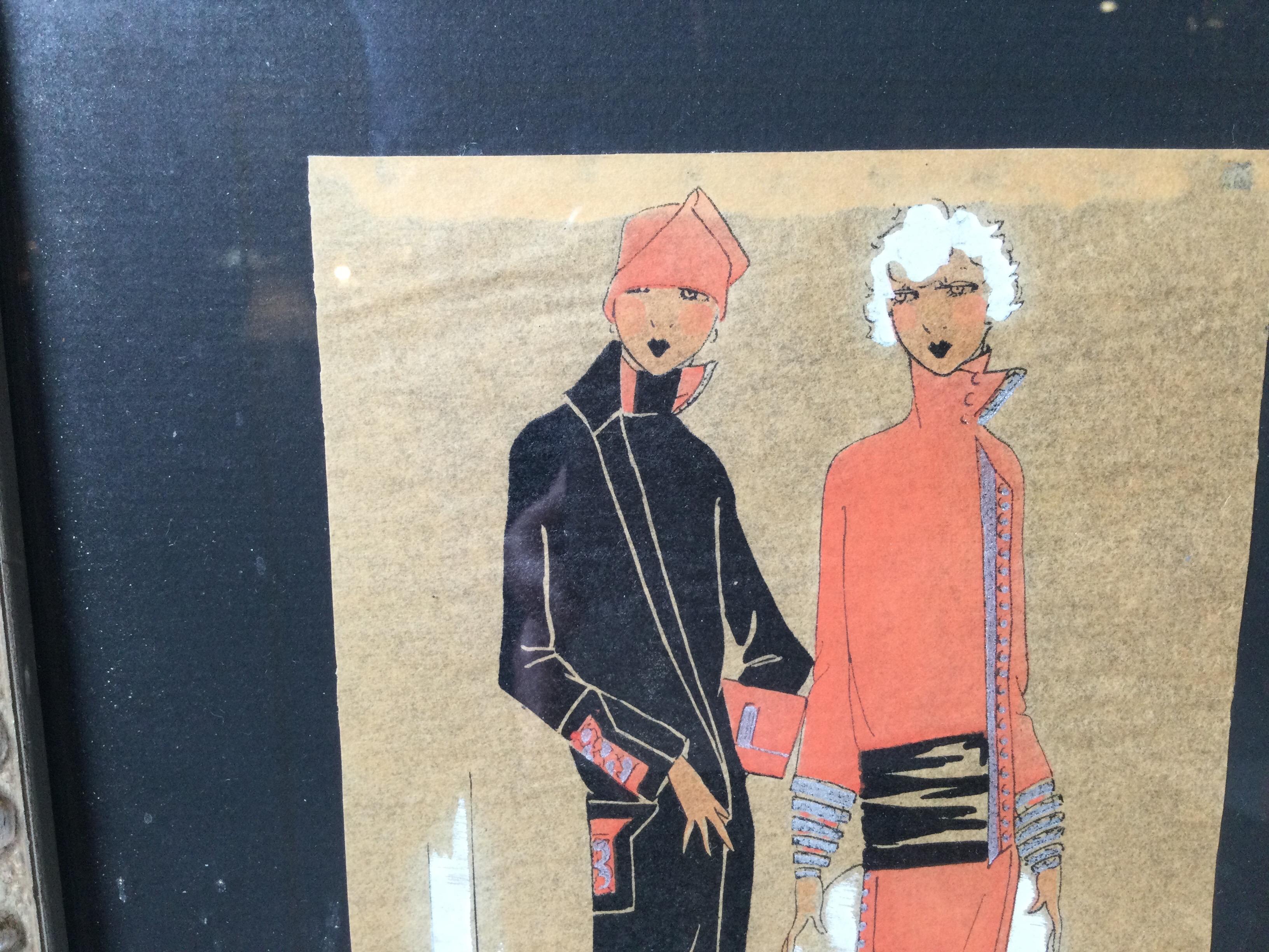Hand Drawn French Art Deco Couture Fashion Illustration In Excellent Condition In Lambertville, NJ