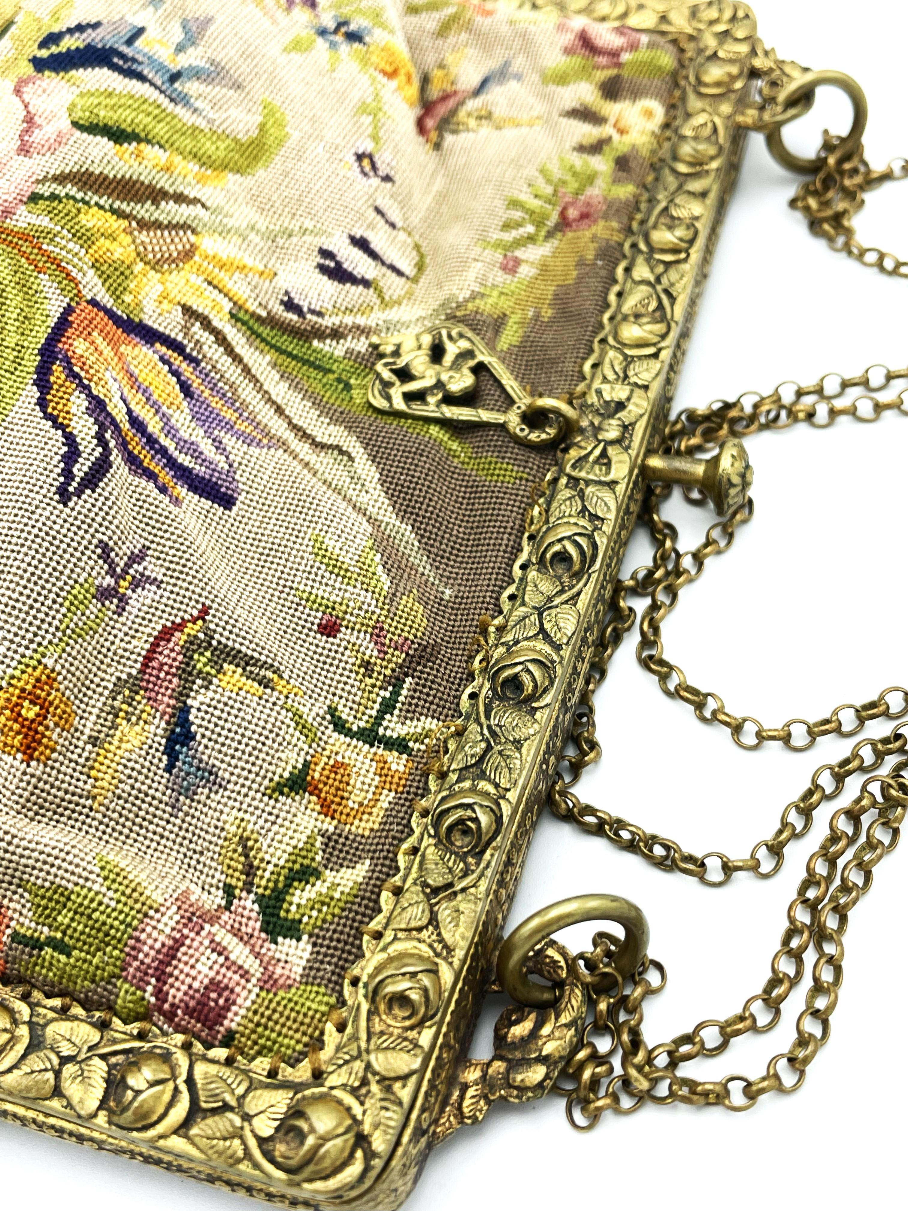 Hand-embroidered evening bag, petit point, brass bag hanger around 1900, Germany For Sale 8