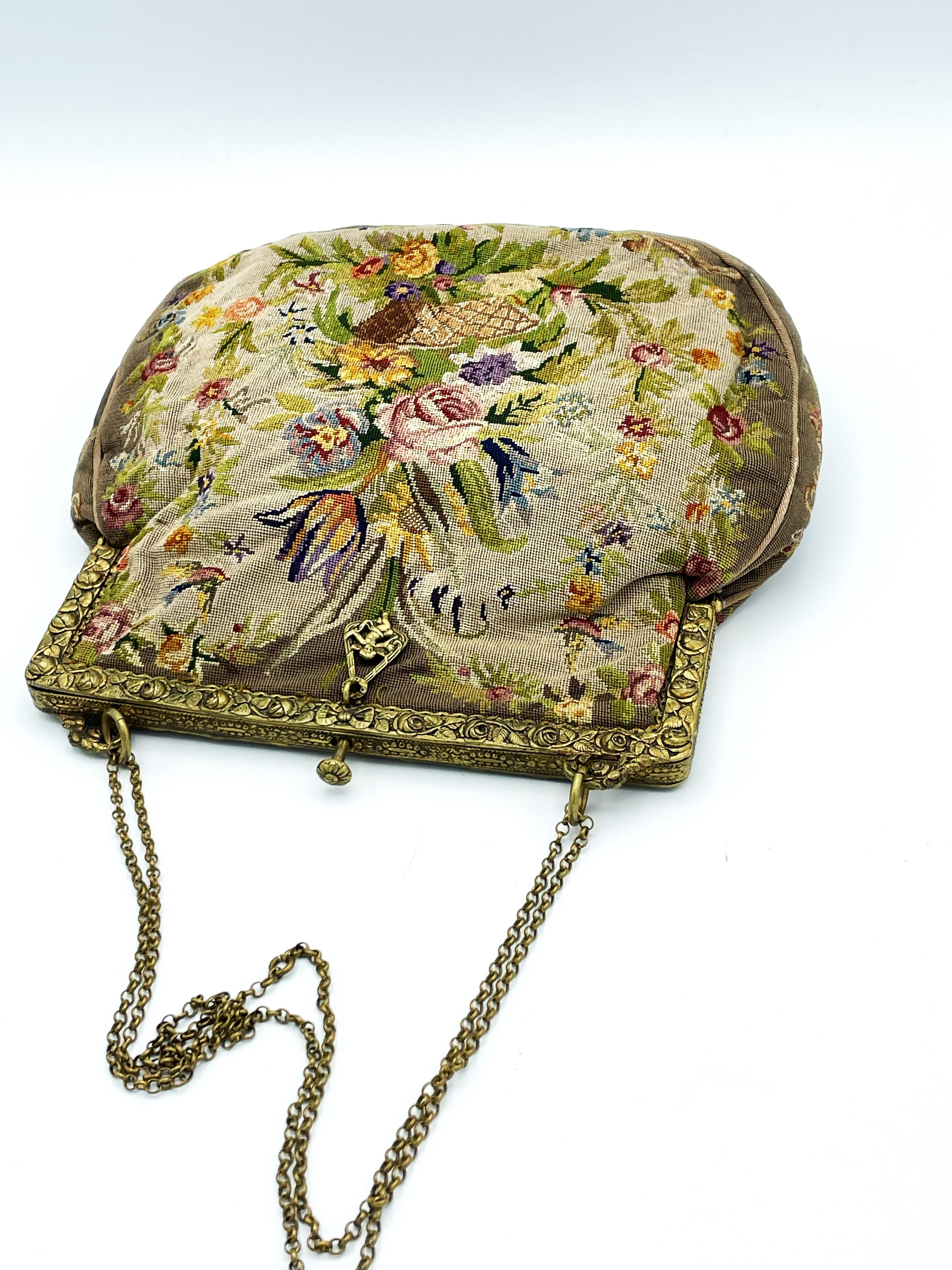 Women's Hand-embroidered evening bag, petit point, brass bag hanger around 1900, Germany For Sale