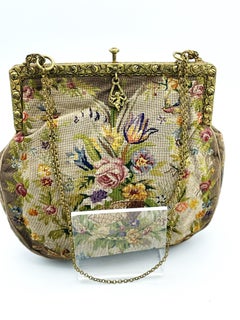 Hand-embroidered evening bag, petit point, brass bag hanger around 1900, Germany