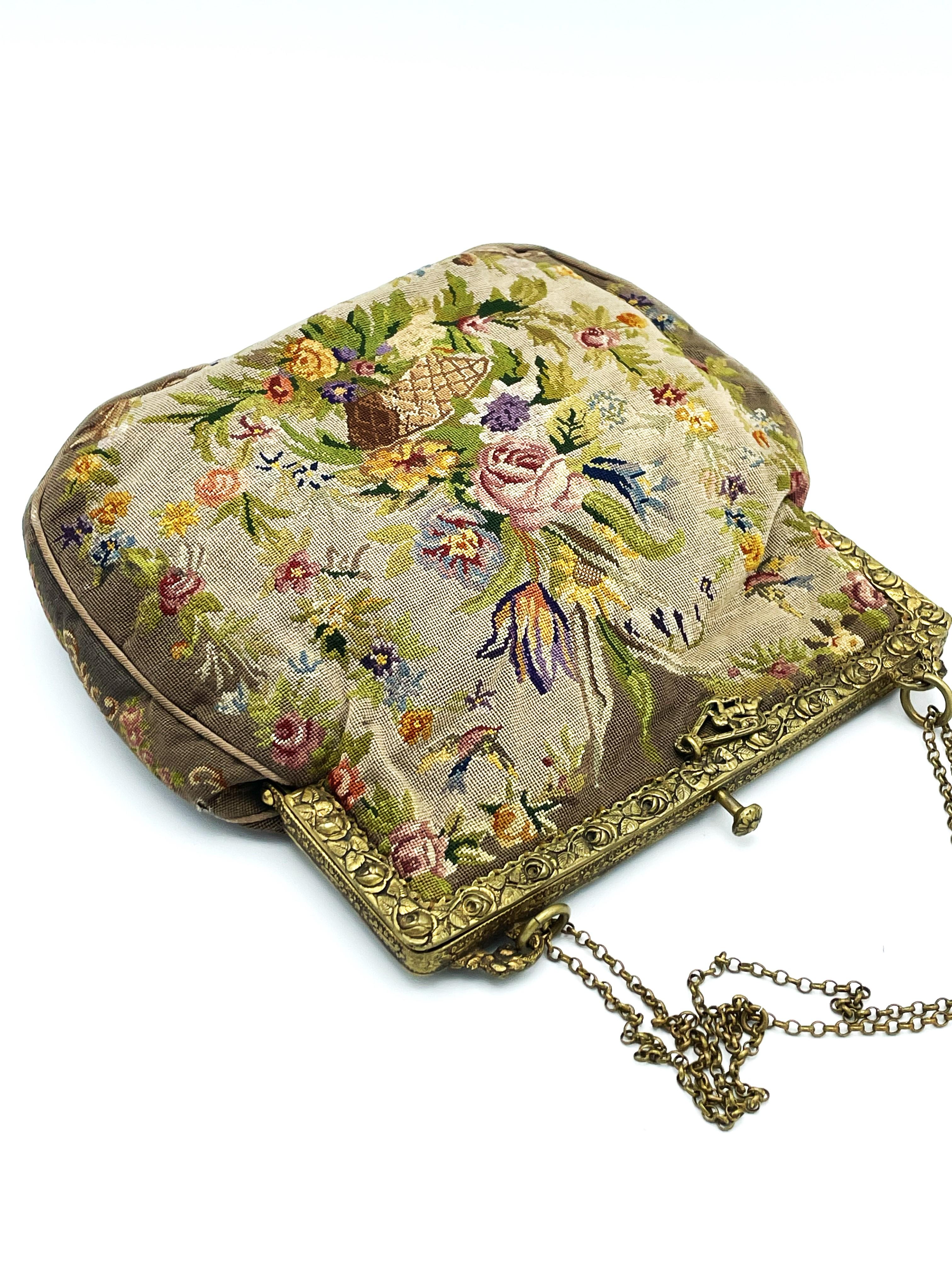 Hand-embroidered evening bag, petit point, brass bag hanger around 1900, Germany For Sale 1