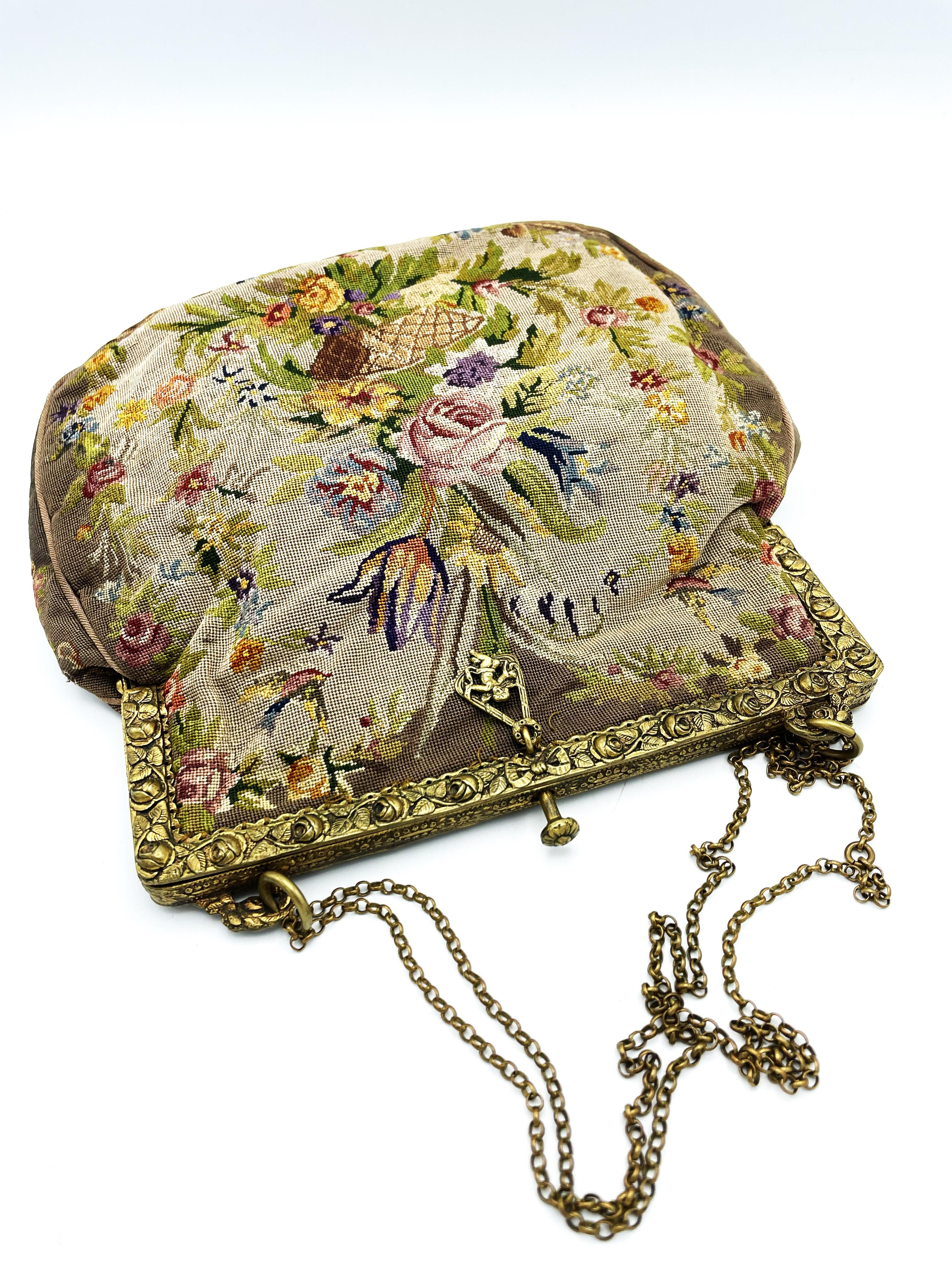 Hand-embroidered evening bag, petit point, brass bag hanger around 1900, Germany For Sale 5