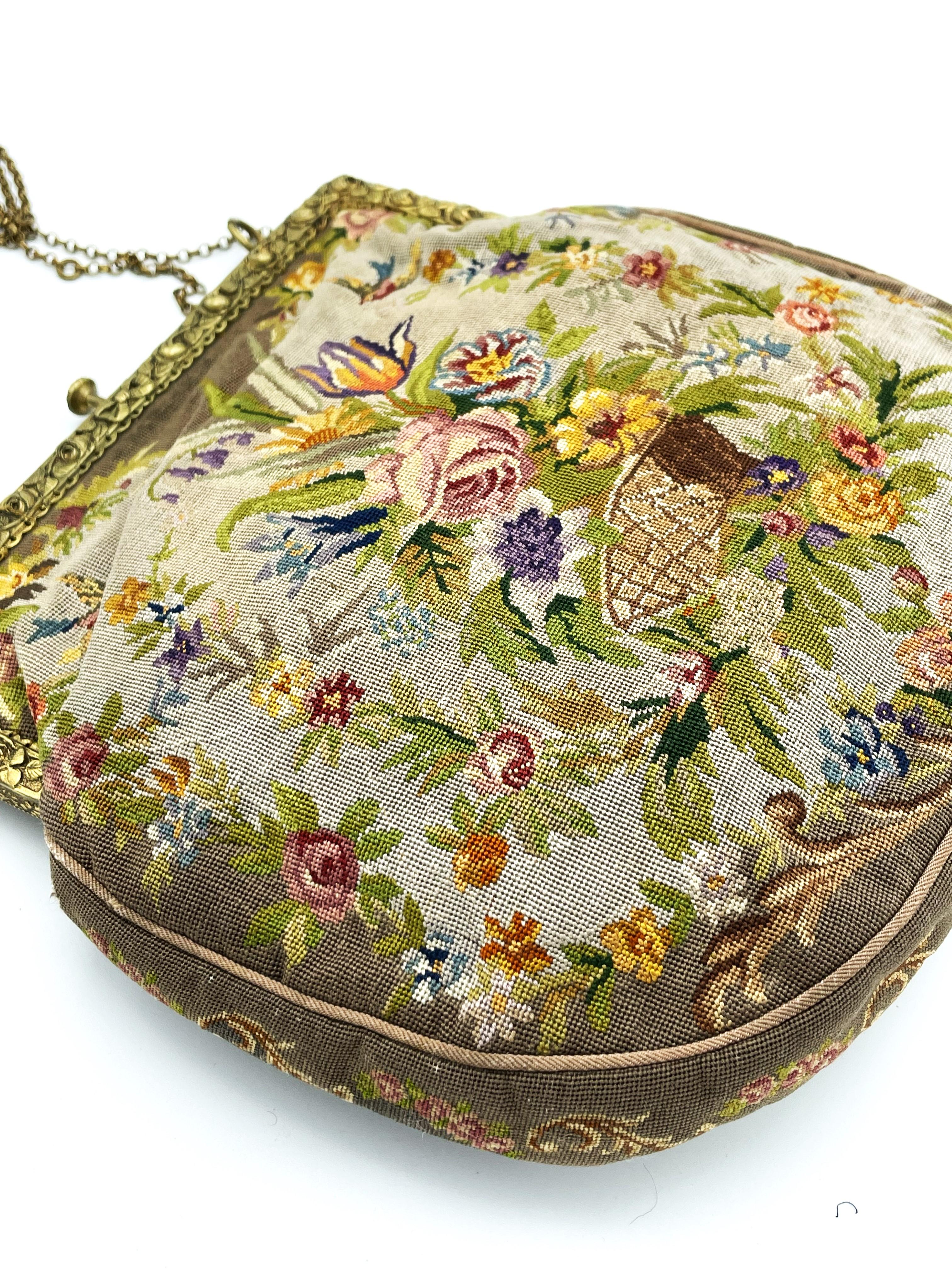 Hand-embroidered evening bag, petit point, brass bag hanger around 1900, Germany For Sale 7