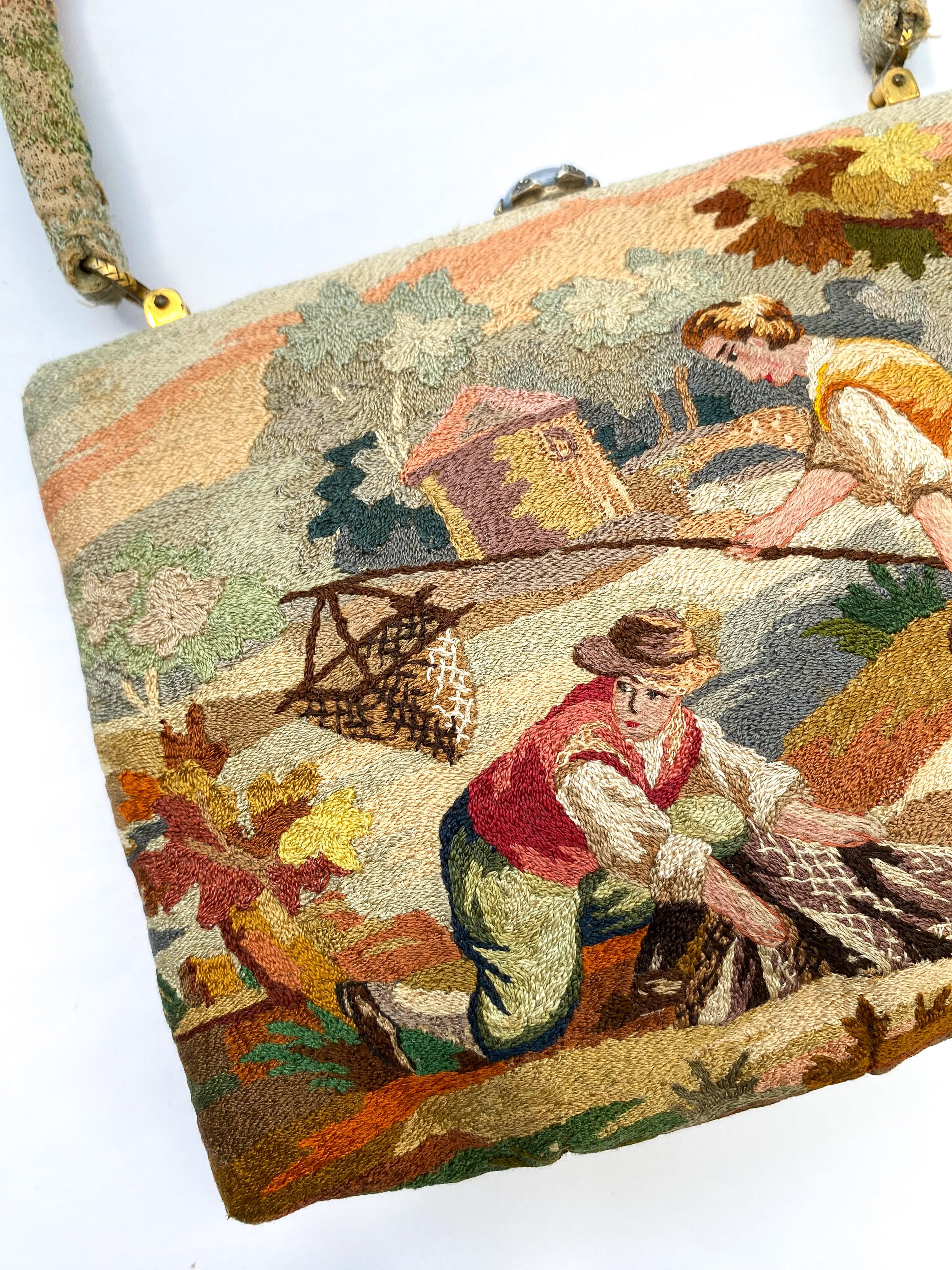 A hand embroidered handbag, depicting a rustic scene, Morabito, Paris, 1950s In Good Condition For Sale In Greyabbey, County Down