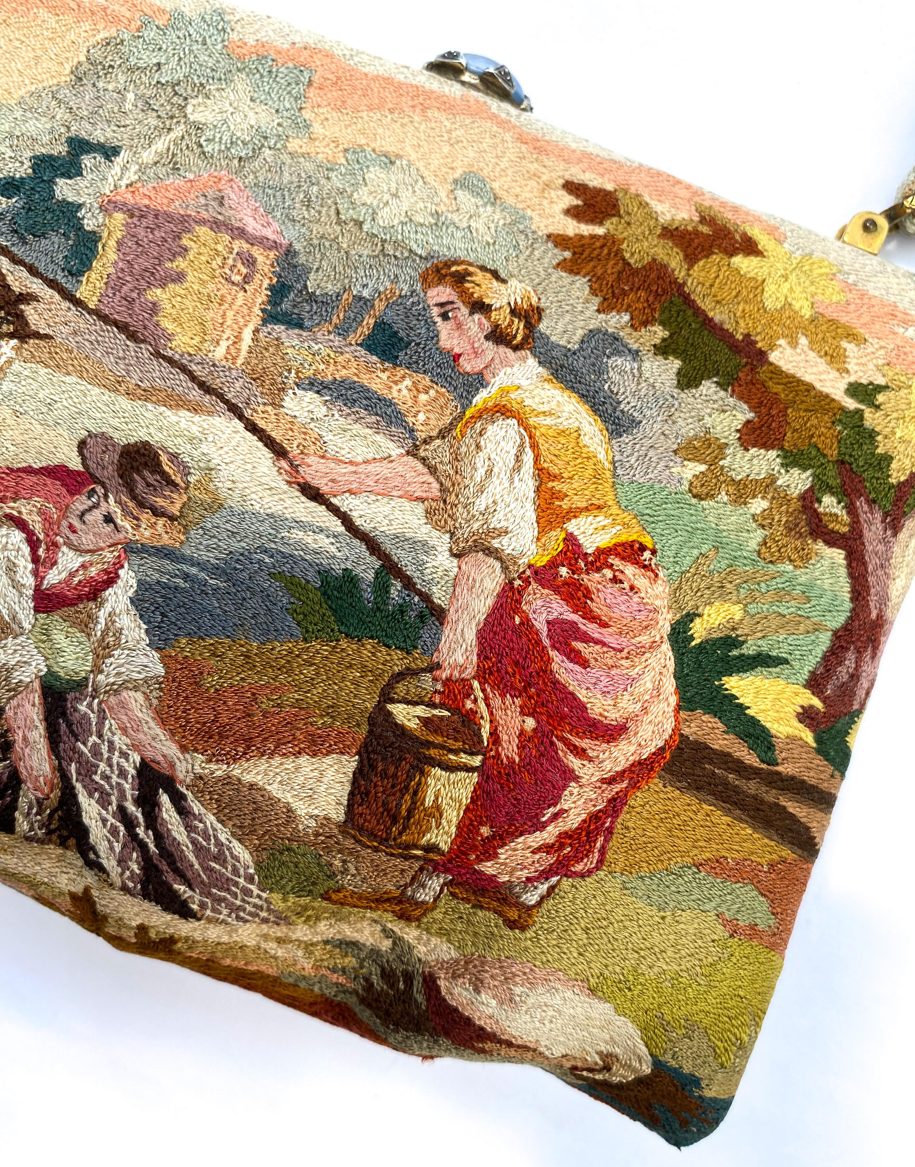 Women's A hand embroidered handbag, depicting a rustic scene, Morabito, Paris, 1950s For Sale