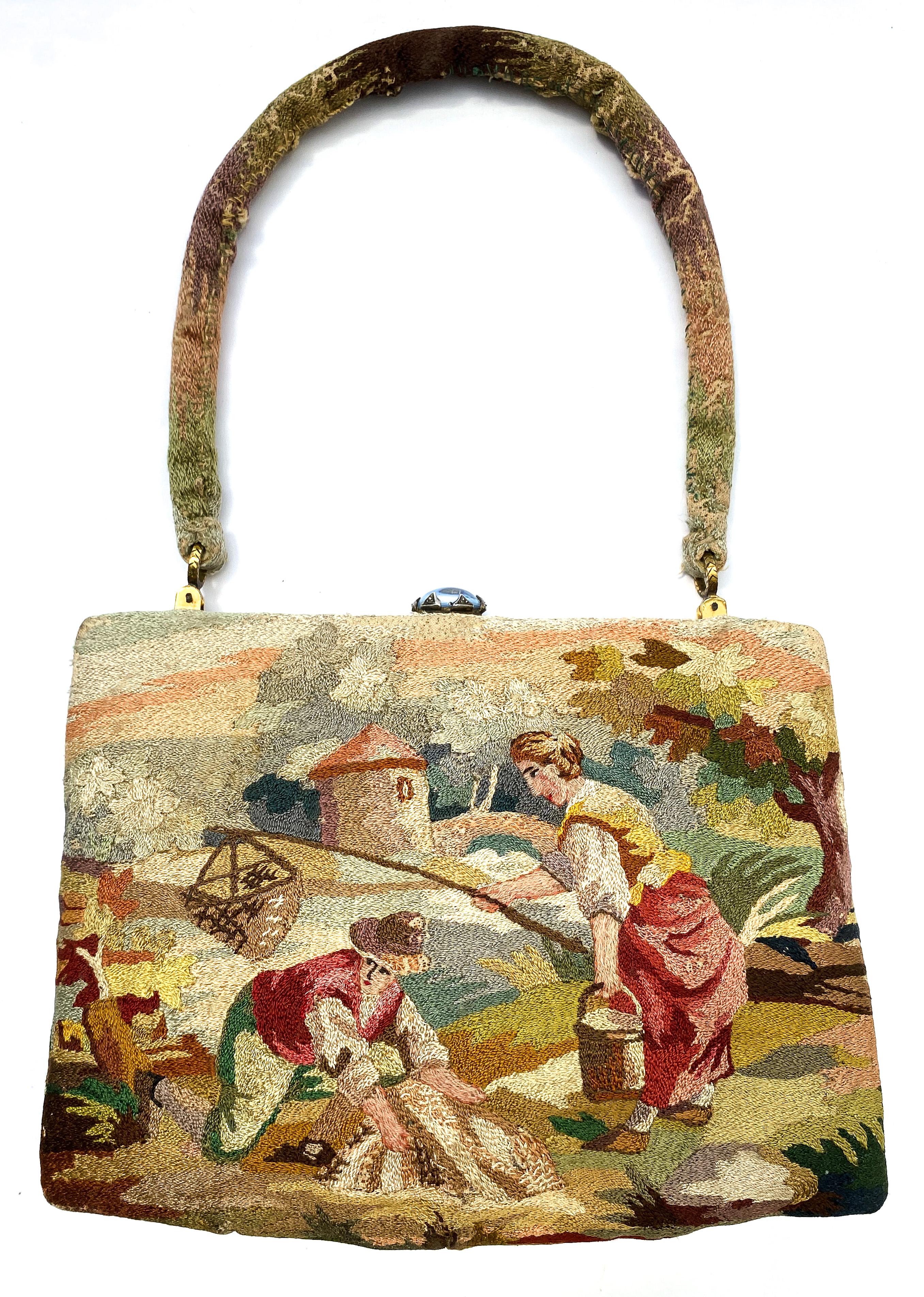 A hand embroidered handbag, depicting a rustic scene, Morabito, Paris, 1950s For Sale 4